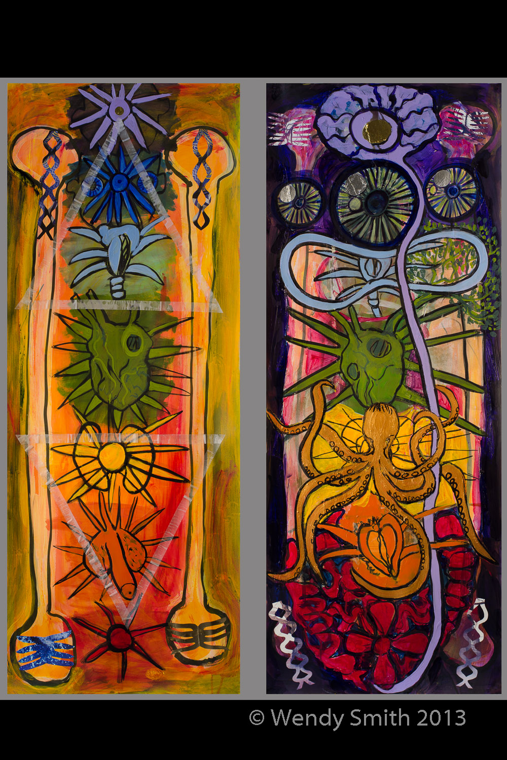 All the Chakras - Male & Female - Diptych 40"x50" Acrylic, graphite, ink, collage, metallic paint