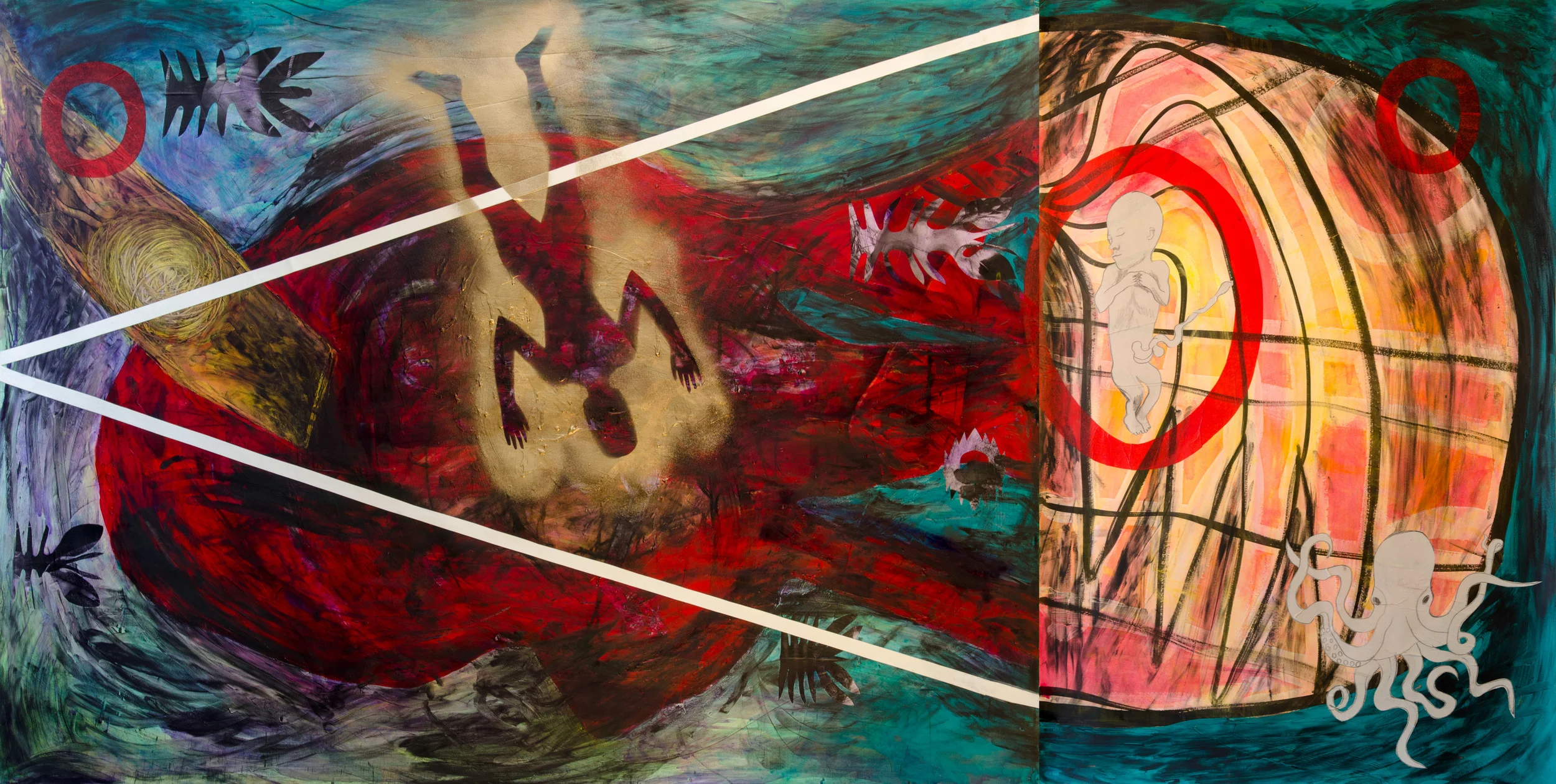 Heart, Fetus, Octopus - 25" x 38" Paint, ink, collage