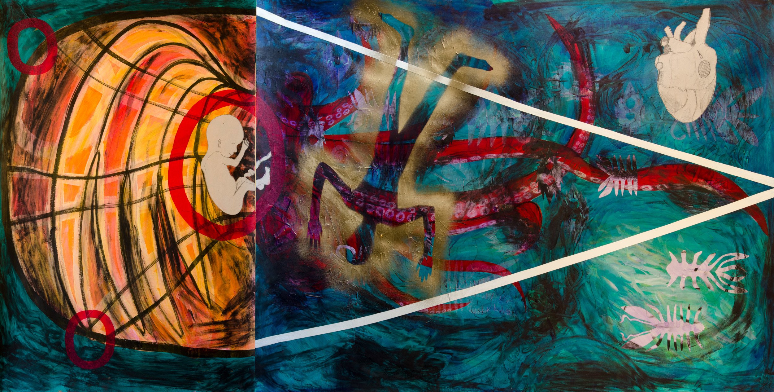 Heart, Fetus, Octopus - 25" x 38" Paint, ink, collage
