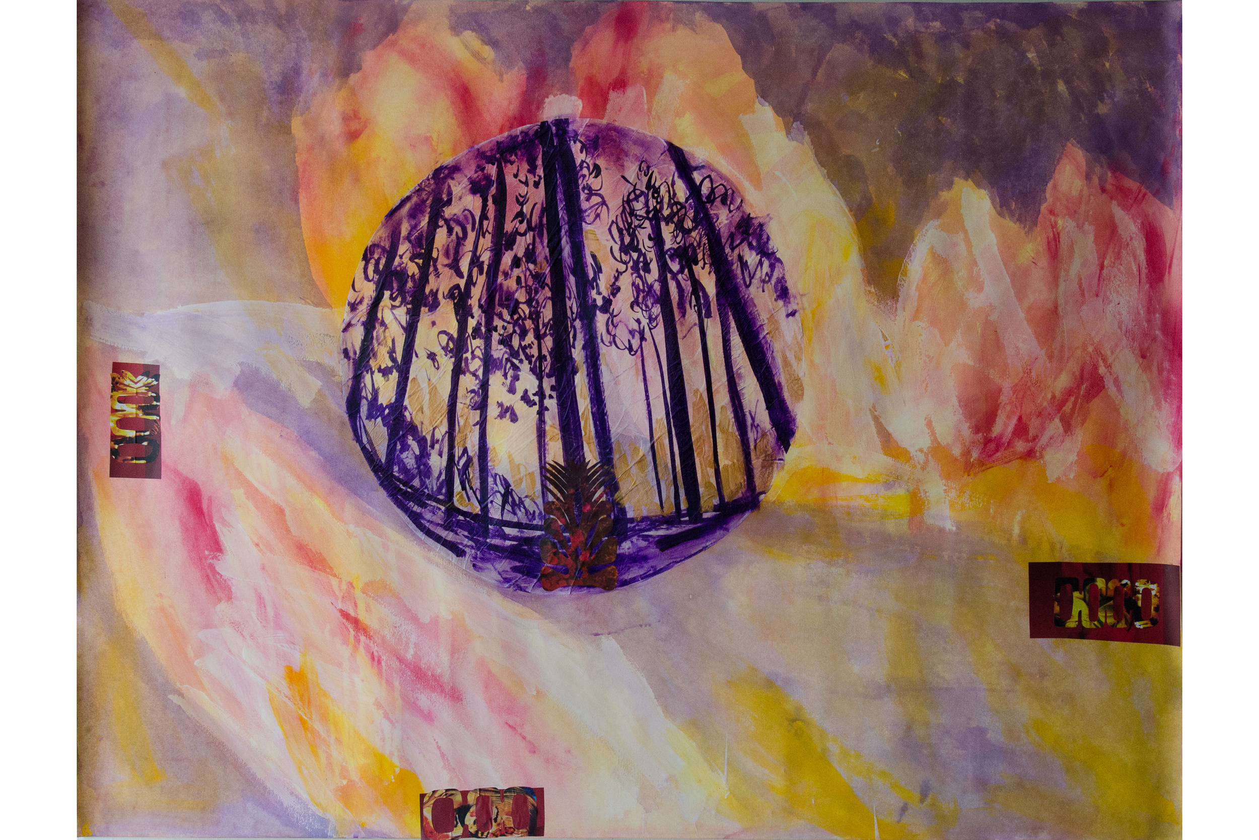 Element Disaster Series - Fire 38" x 50" Acrylic, collage, metalic paint, tracing paper