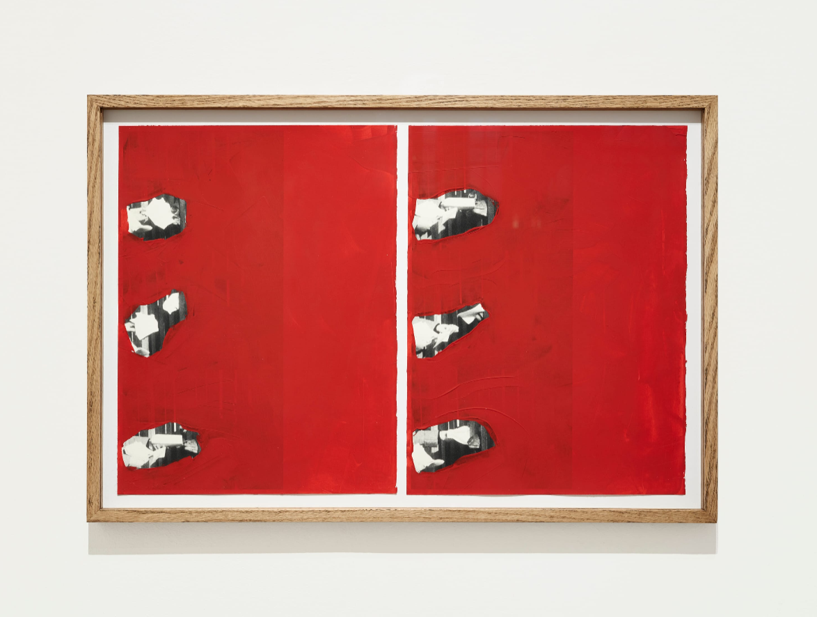  Giuseppe De Mattia,  Cancellature rosse, mangia-carta , 2021, stampa Xerox e acrilico su carta cotone, 40 × 60 cm 