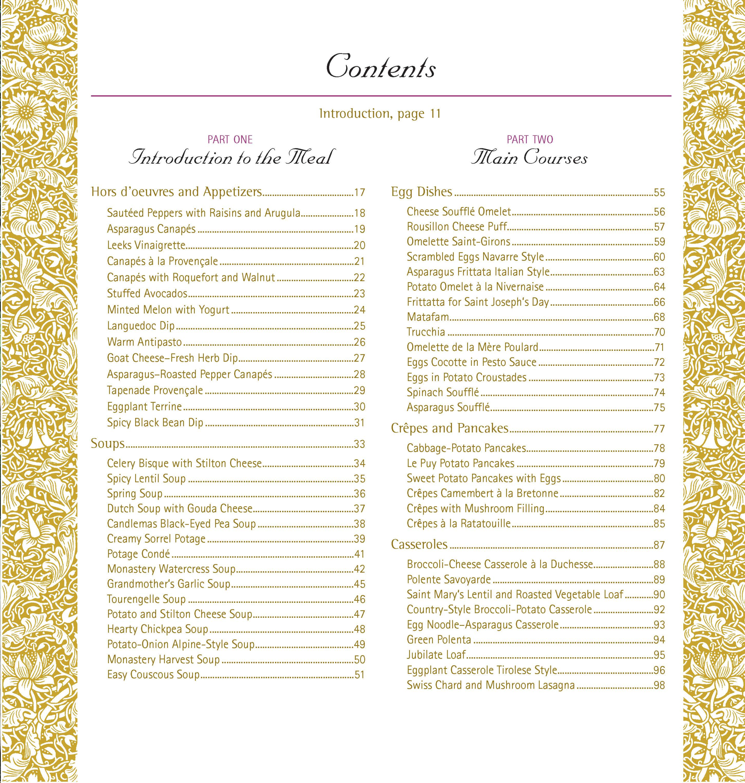 Pure Joy of Monastary Cooking, Contents