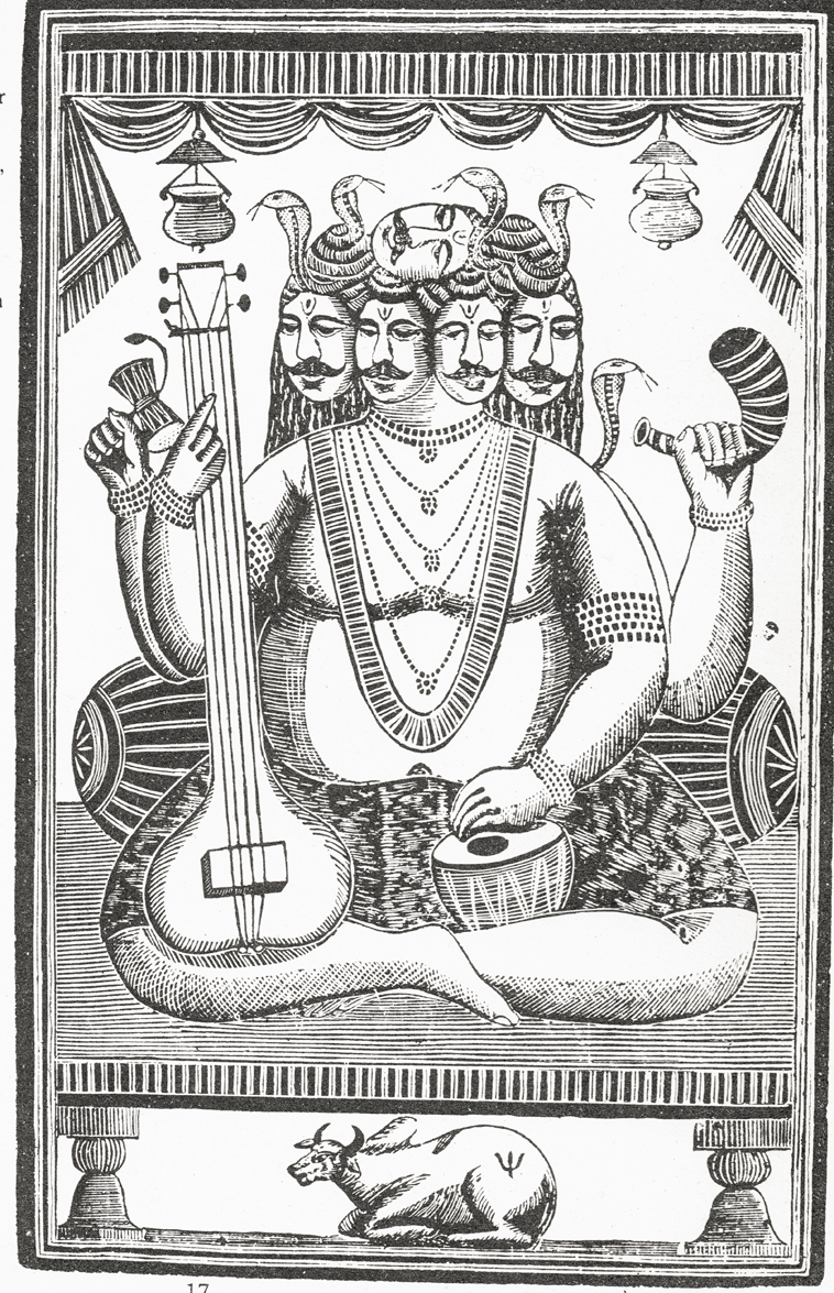 Mahadeva:Shiva…incarnation as a one man band. Woodblock print from Calcutta, 19th Century.jpg