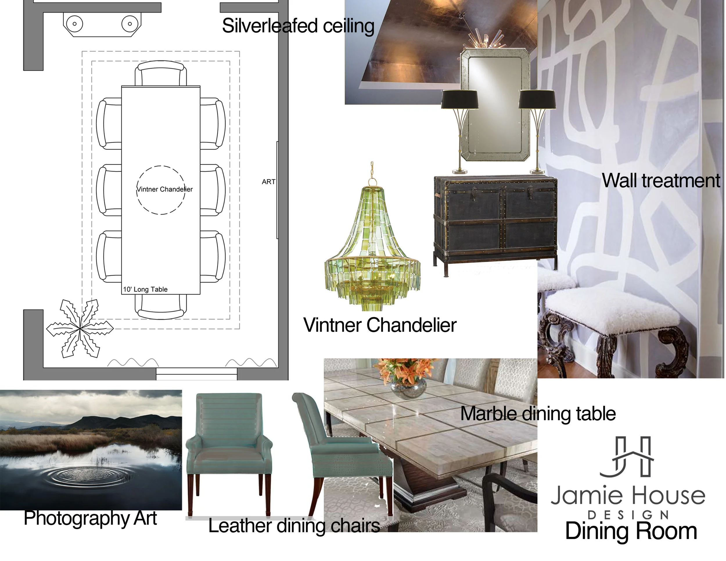 House Delivered by Jamie House Design, EDesign of a modern traditional dining room with custom wall finish