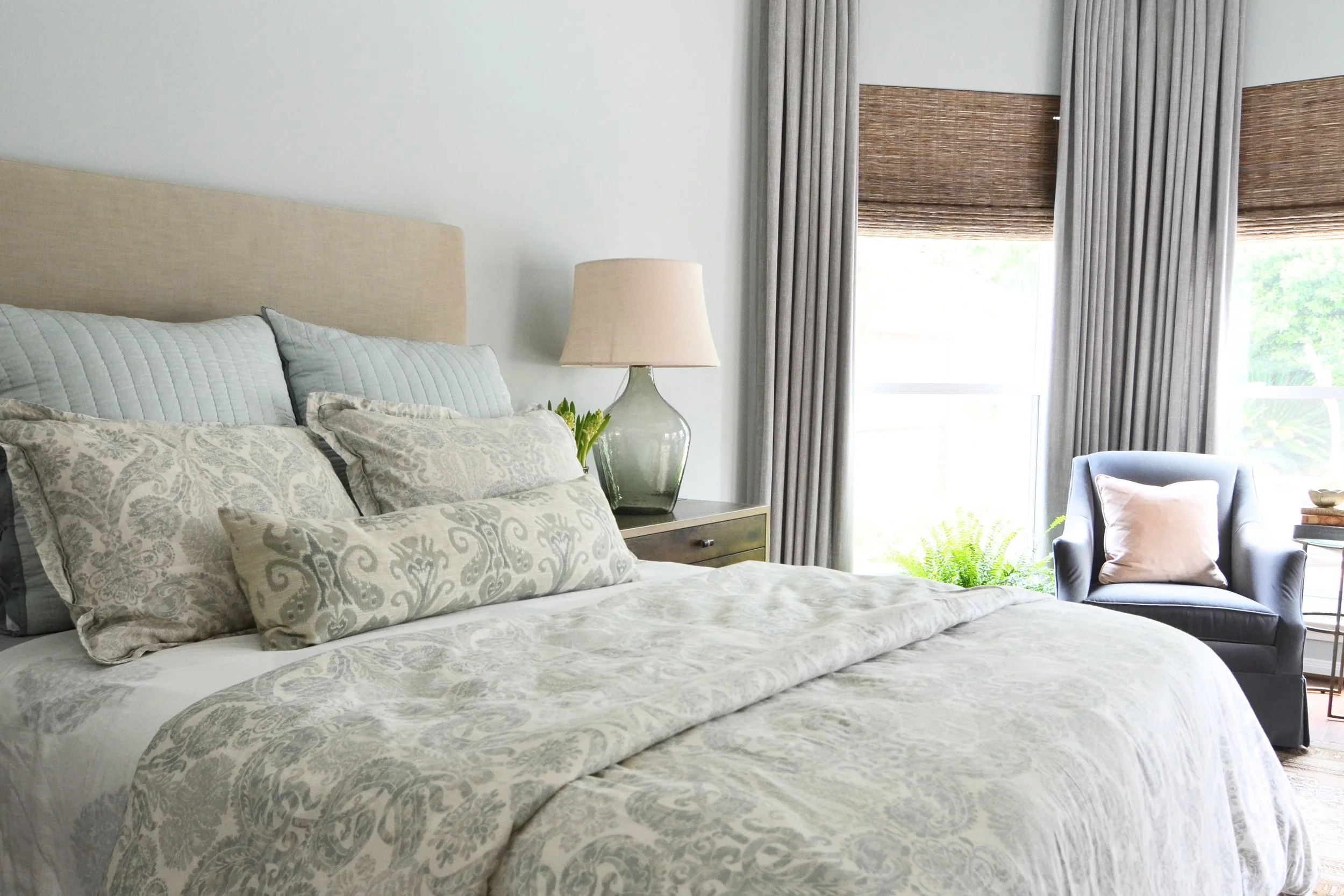 Primary bedroom remodel in soft blues and greens in Highlands Ranch CO.