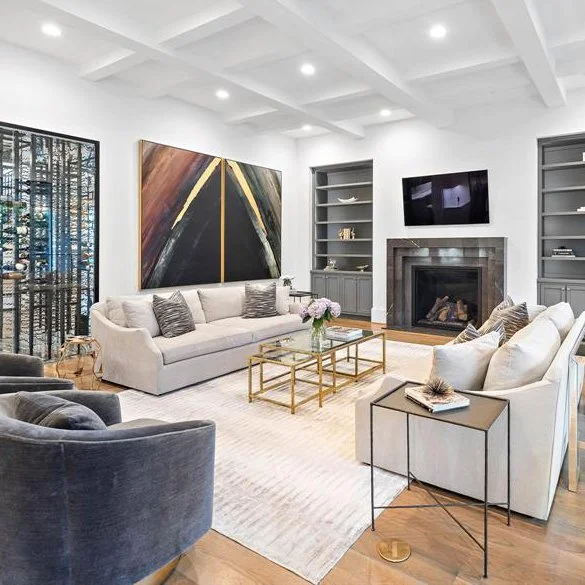 Modern new-build living room with adjacent wine room.