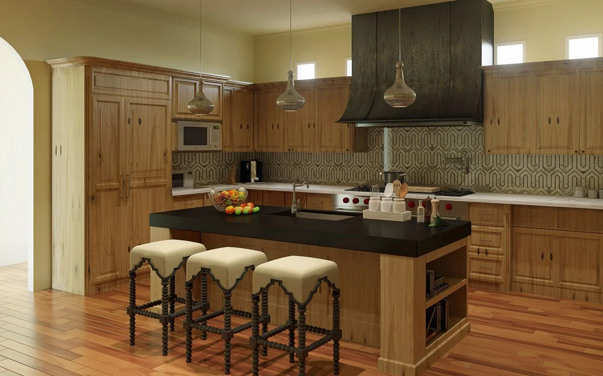 Jamie House Design rendering of kitchen design and remodel in Mountain Modern style