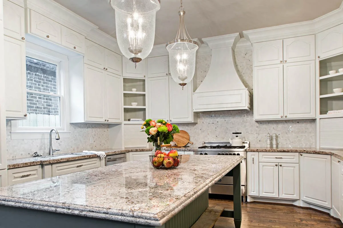 White farmhouse kitchen design in a Castle Pines remodel.