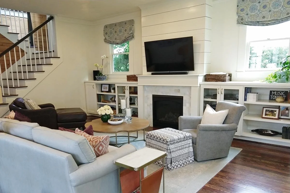 Historic bungalow living room renovation in Littleton CO showing preserved original character with updated finishes