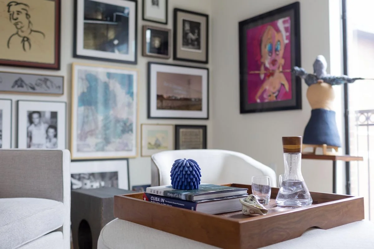 Original art in the form of decorative objects, sculpture, and arranged on a gallery wall in Centennial CO home.