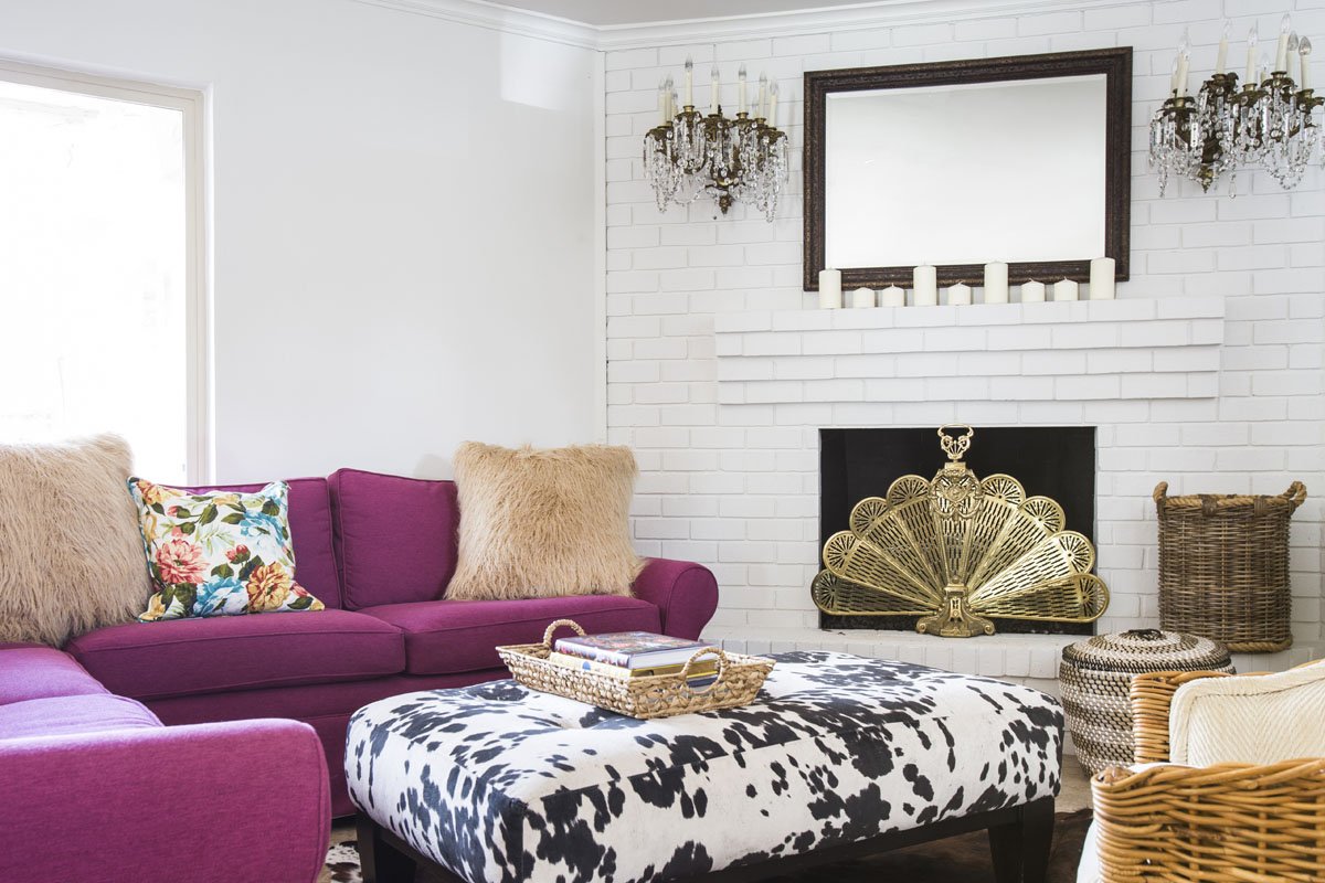 Bold living room in a Littleton remodel, the interior designer was hired before they even closed on the house