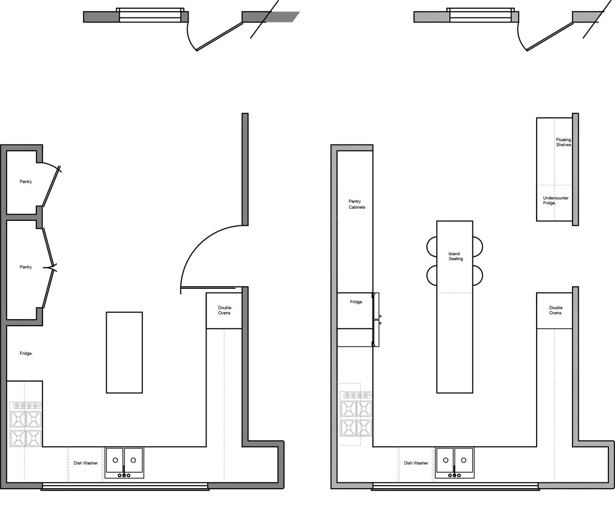 Before and after floorplans of a kitchen design and remodel in Littleton CO