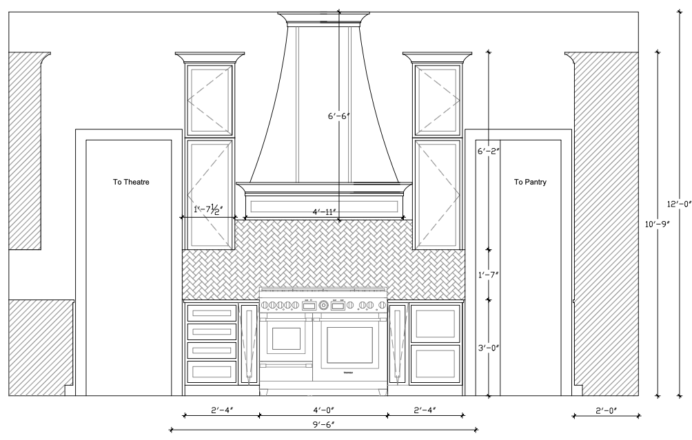 Range elevation construction drawing for new construction home designed by Jamie House Design