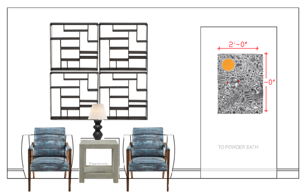 Drawing with art and shelving placement for planning interior design client art collection in Centennial CO.