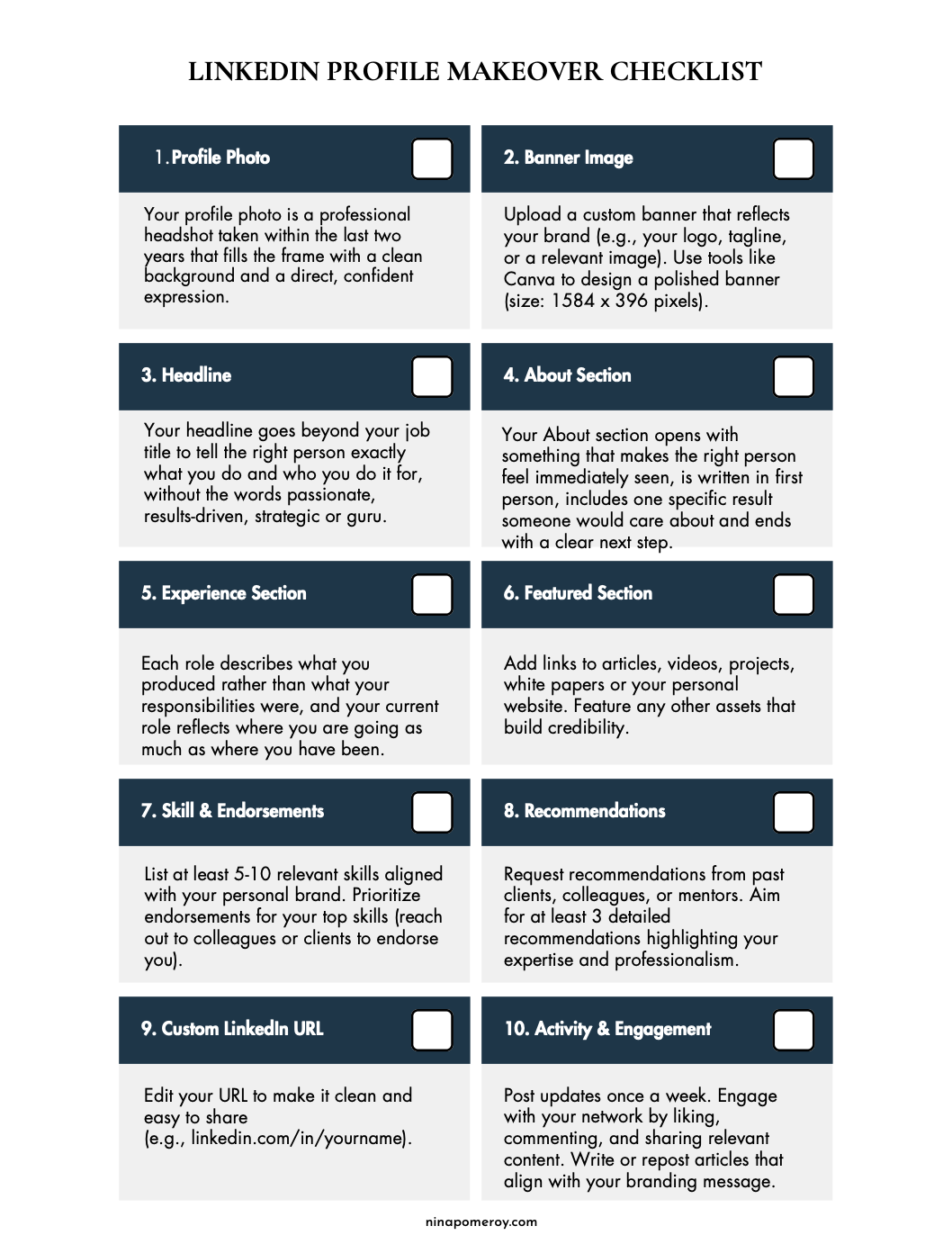 Linkedin Profile Checklist to Fix Issues by Nina Pomeroy Pleasanton Photographer