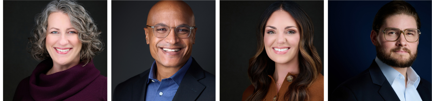 Four professional headshots of diverse adults, including two women and two men, smiling and wearing business attire against dark backgrounds.