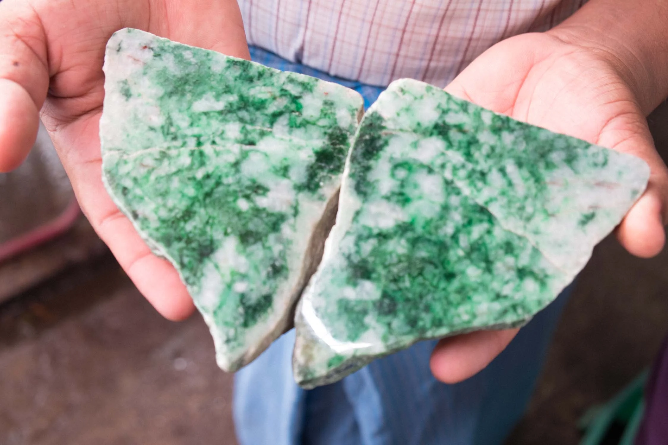 Elegant slab of mixed color green'white jade. This most likely will be used for carving.