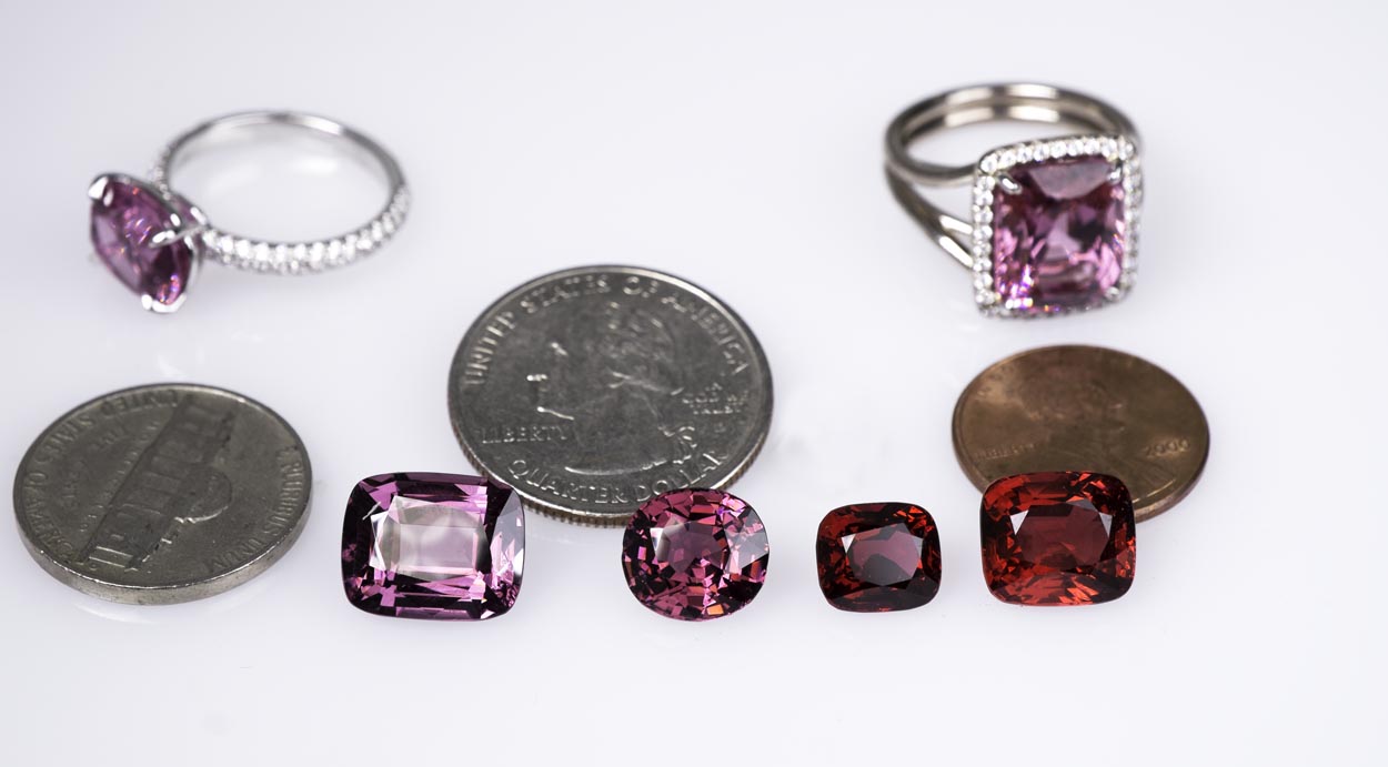 Spinels look good set or unset. Many come in various red, pink, purple and orange shades.