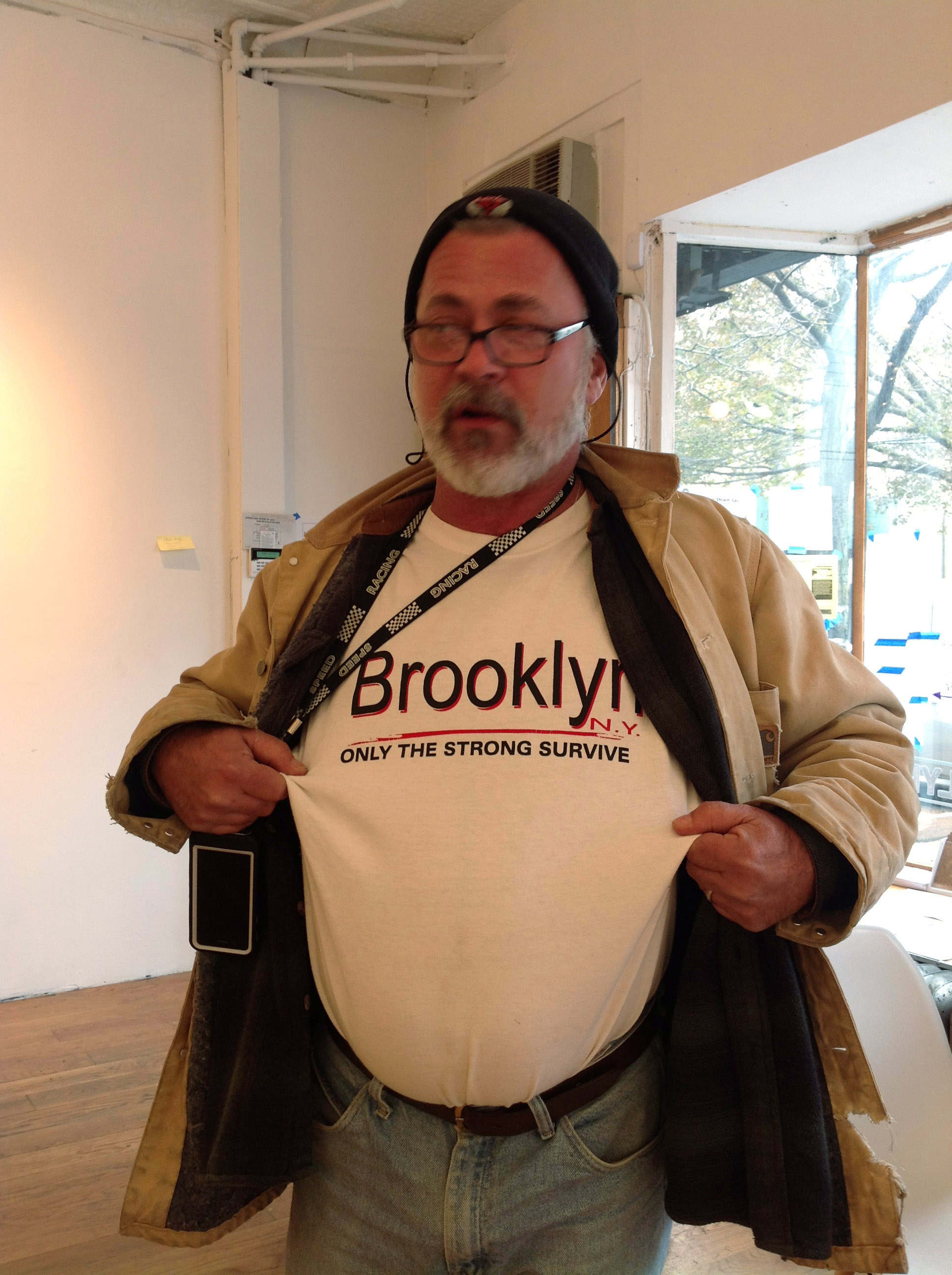 "Brooklyn, only the strrong survive" on t-shir of Steve Tarpin of Steve's Key Lime Pie