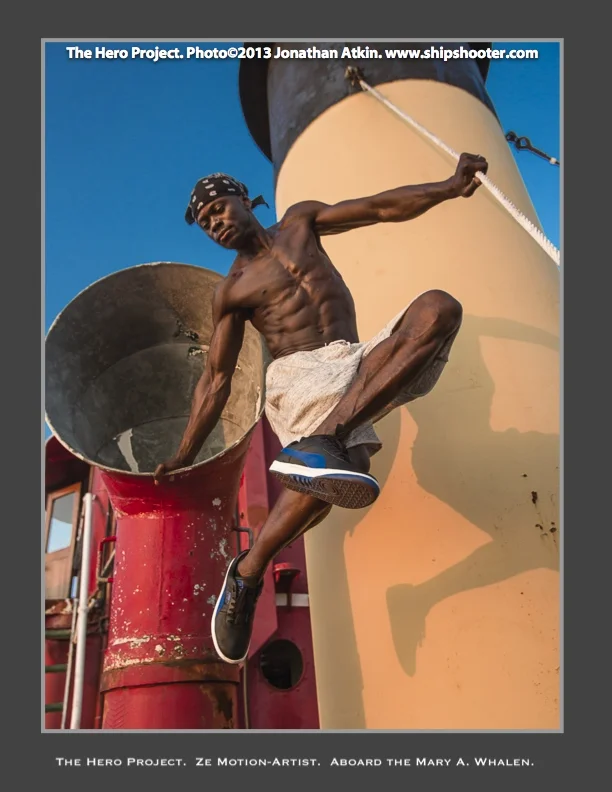 Hip Hop dancer Ze Motion as photographed near the stack of the MARY A. WHALEN by Jonathan Atkin