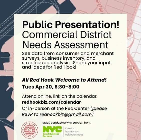 Sharing post from today from Carly of @redhookbiz.

&quot;Hi Everyone, I&rsquo;ll be presenting for Red Hook Business Alliance tonight the data collected for the Red Hook CDNA, 6:30-8pm. 

This includes consumer surveys, merchant surveys, streetscape