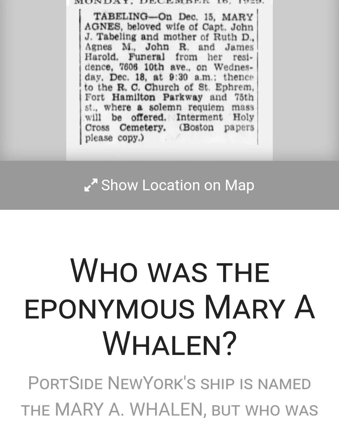 Happy Mother&rsquo;s day to all!  Once again, we honor the mother for whom our ship is named, Mary A. Whalen, and ask, does anyone knows more about her? 

In 2012, a man driving a reach stacker (container moving machine) in the Red Hook Container Ter