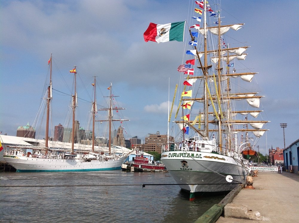 From a Coast Guard alert: Around noon today, the Mexican navy tall ship #Cuauhtemoc will be towed by  @donjonmarine  tugs SARAH ANN, MEGAN ANN, and THOMAS D. WITTE from GMD Brooklyn at 1200 to Caddell's Shipyard completing around 1500. 

All vessels 