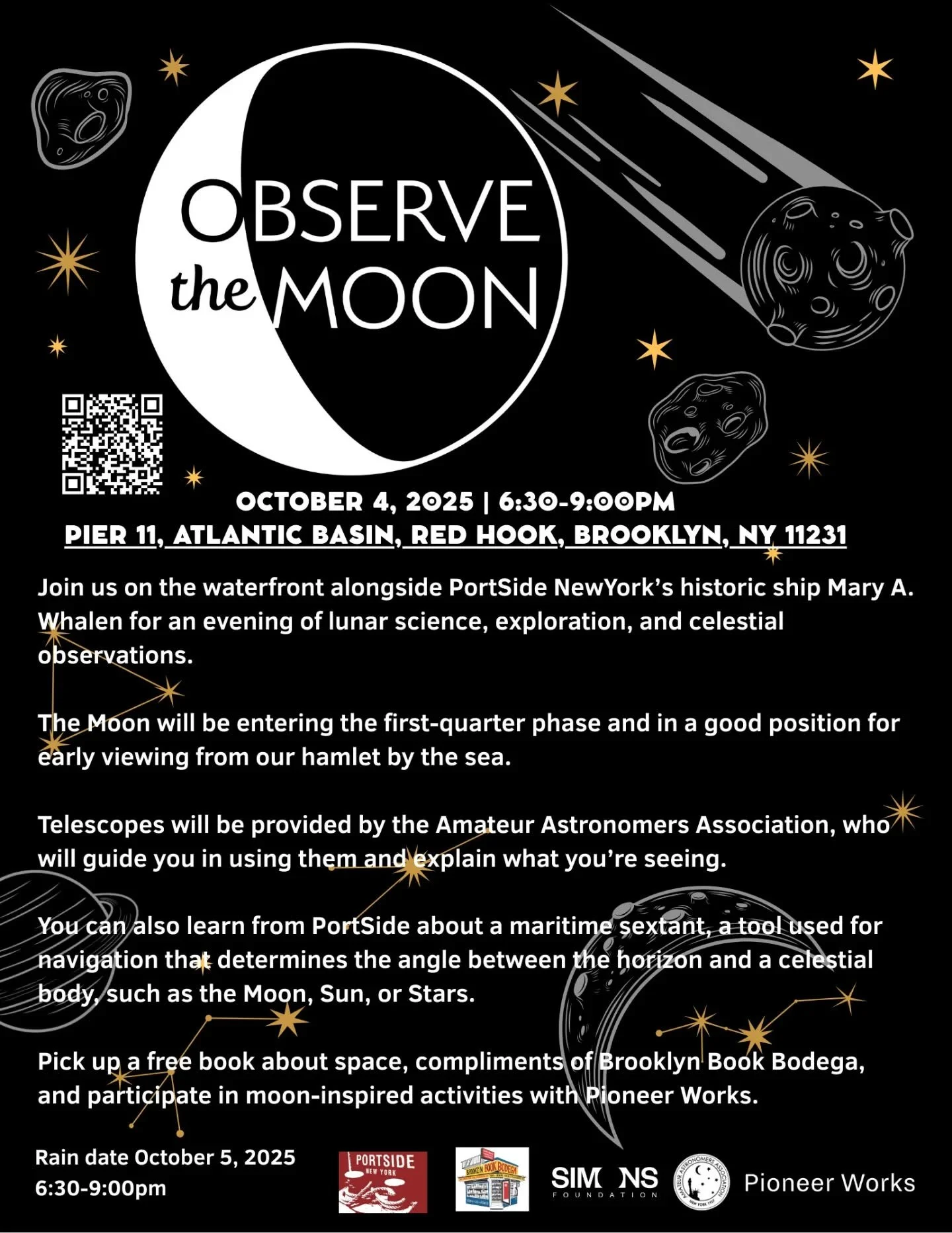 Extraordinary FREE event this Saturday, 10/4/25 in the parking lot next to our ship #MaryWhalen: &ldquo;Observe the Moon,&rdquo; an international event.

6:30-9pm observing the moon activities. FREE but please RSVP to help the planning at 🔗 in bio

