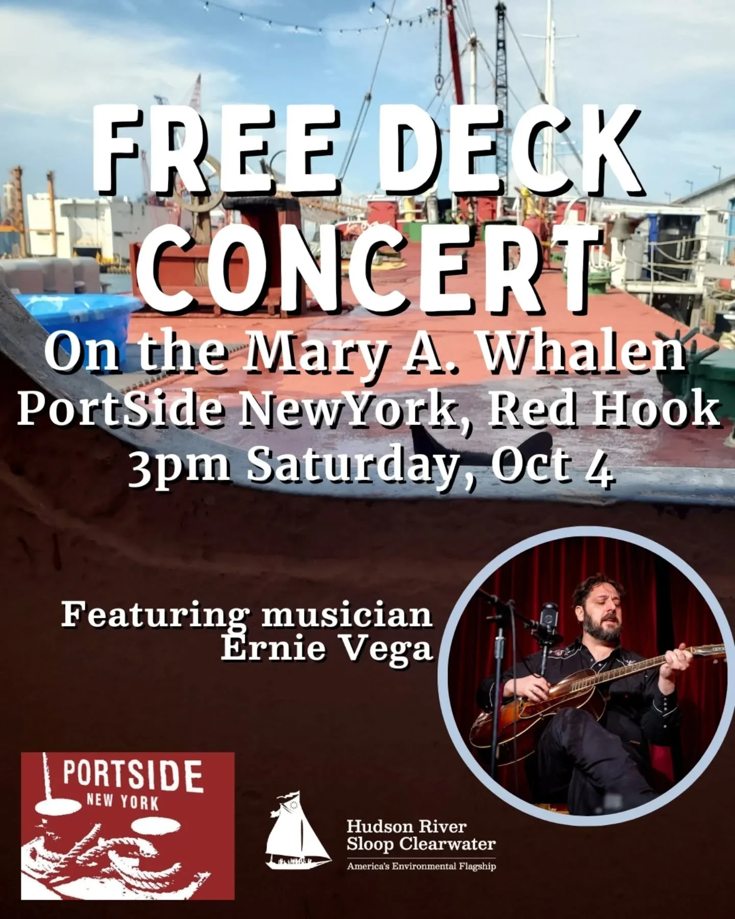 🎻 Free concert with Ernie Vega on the #MaryWhalen tomorrow, Saturday, 10/4, 3pm since the @sloopclearwater is not sailing due to a propeller issue. 

🌜This is followed, in the parking lot, by the 6:30-9pm #ObservetheMoon event and the 🎥 9pm screen