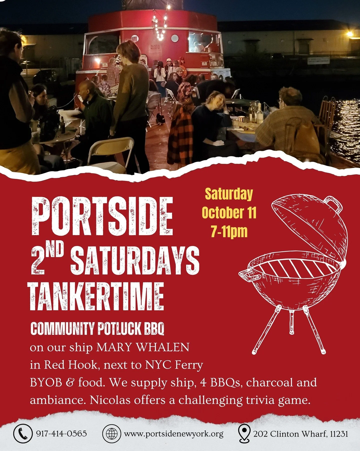 Tomorrow, 2025's last Second Saturdays #tankertime potluck BBQ. BYOB and food, cook and chat in community! Nicolas Anderson will be here with another of his challenging trivia games! 

On our ship #marywhalen in #RedHook #Brooklyn. Next to the NYC Fe
