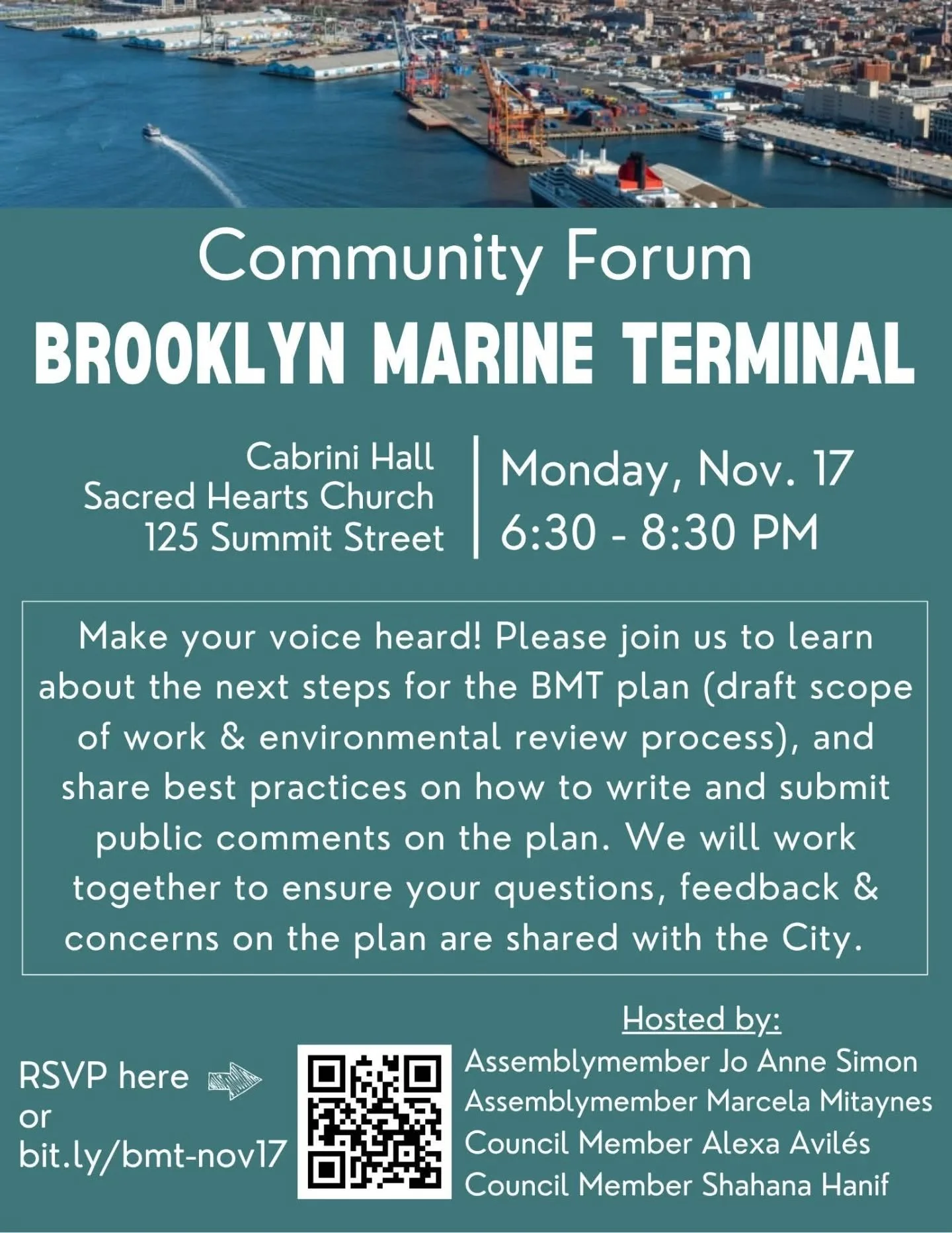 𝐌𝐨𝐧𝐝𝐚𝐲, 𝐍𝐨𝐯𝐞𝐦𝐛𝐞𝐫 𝟏𝟕, 𝟔:𝟑𝟎𝐩𝐦, Community Forum about the #BrooklynMarineTerminal (BMT) hosted by Assemblymembers Assemblymember Marcela Mitaynes, Assemblymember Jo Anne Simon, NYC Council District 38 Alexa Aviles, and Council Membe