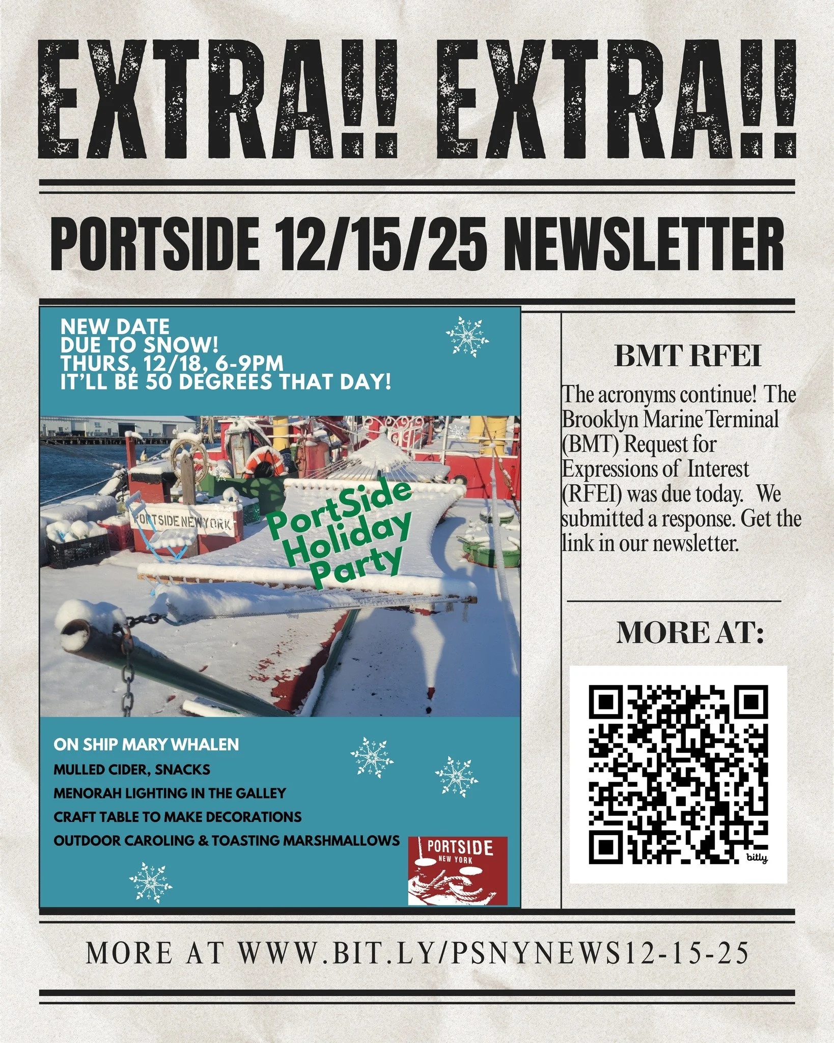 Tonight's PortSide newsletter with a new date for our holiday party (changed from Tuesday to Thursday 12/18, 6-9pm), plus a link to our response to the BMT Maritime RFEI that closed today, and photos to inspire you to make a year-end donation!