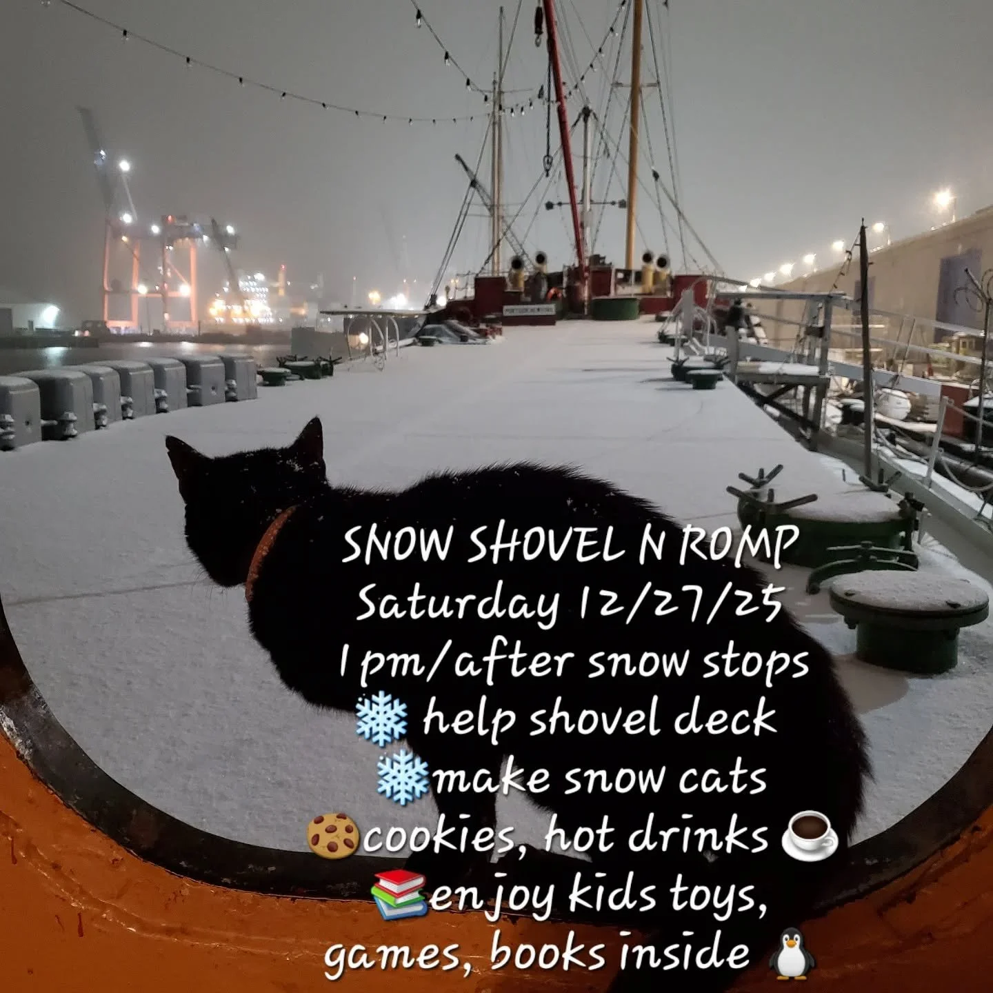 SNOW SHOVEL N ROMP
Saturday 12/27/25
1pm or after the snow stops falling
❄️ help shovel deck and pier
❄️make snow cats with Chiclet
🍪cookies and hot drinks ☕️
📚kids toys, games, books inside 🐧

on the #historicship #MaryWhalen in #RedHook #Brookly
