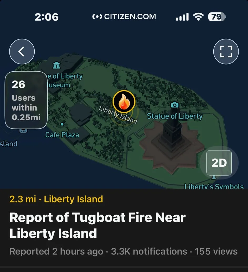 At 1115, we got a text saying the Citzen ap reported a tugboat fire near the Statue. Anyone know what boat, what happened? All crew ok? 🤞