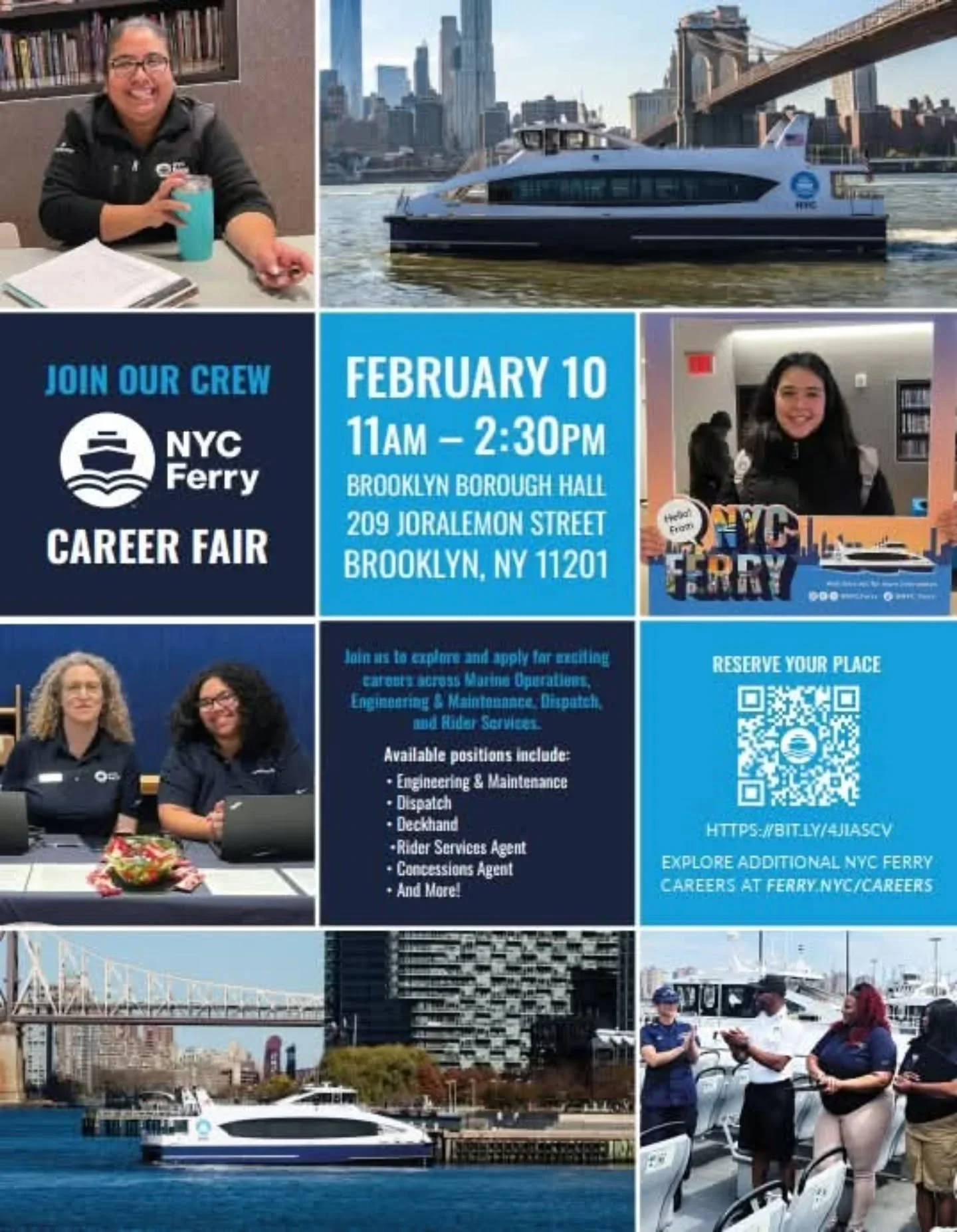Tuesday, February 10, 11am to 2:30pm @NYCFerry Career Fair at Brooklyn Borough Hall. Jobs on and off the boats.  We just learned about this today from the newsletter of the Red Hook Community Justice Center and can see that the RSVPs are at "wai