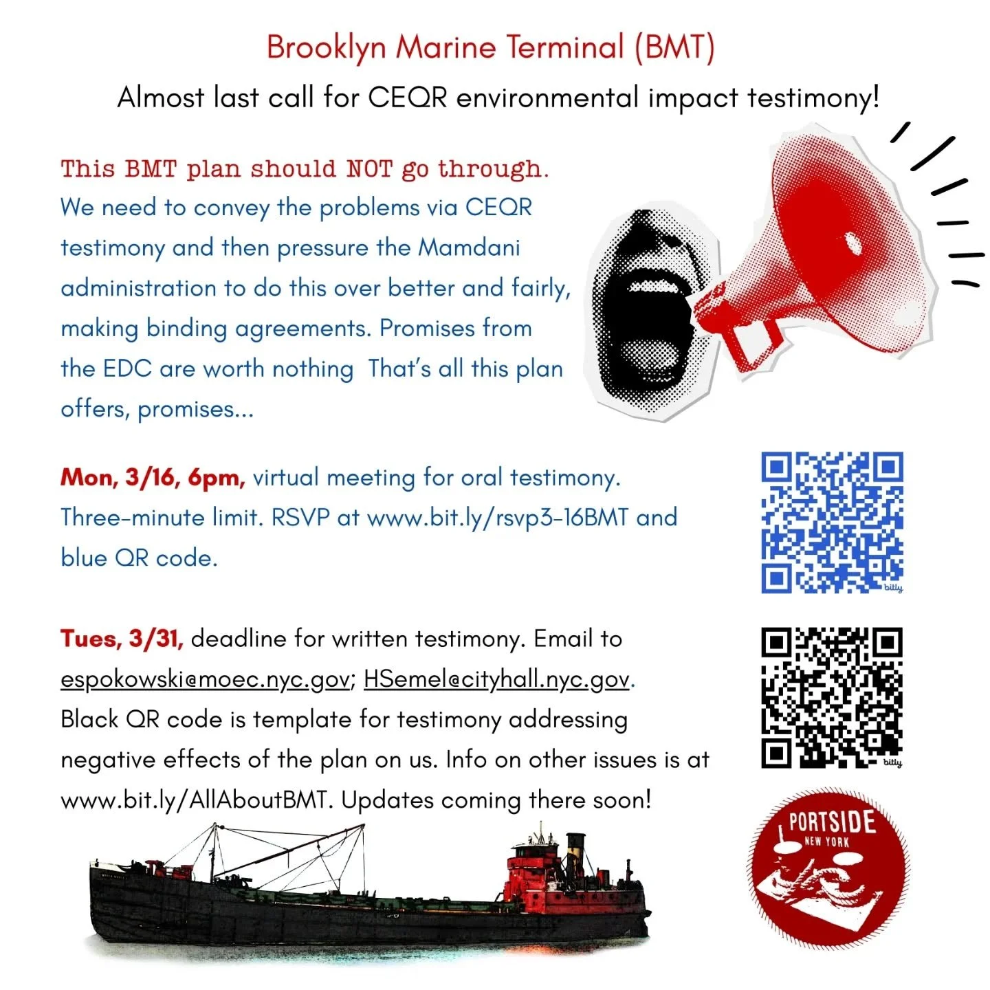 Brooklyn Marine Terminal time again!  Deadline for comments to the CEQR (environmental impact study) is by end of day Tuesday, March 31, 2026!

Tomorrow, Mon, 3/16, 6pm testify orally on Zoom.  RSVP info in flyer.

You can submit oral testimony AND e