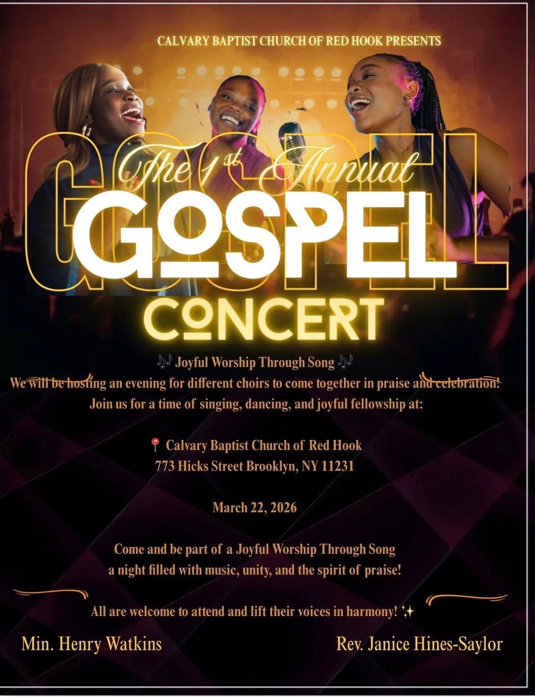3:30-5:30pm today! 1st annual gospel concert at Calvary Baptist Church, 773 Hicks Street in Red Hook. Free. Everyone sings!  We are here tabling.