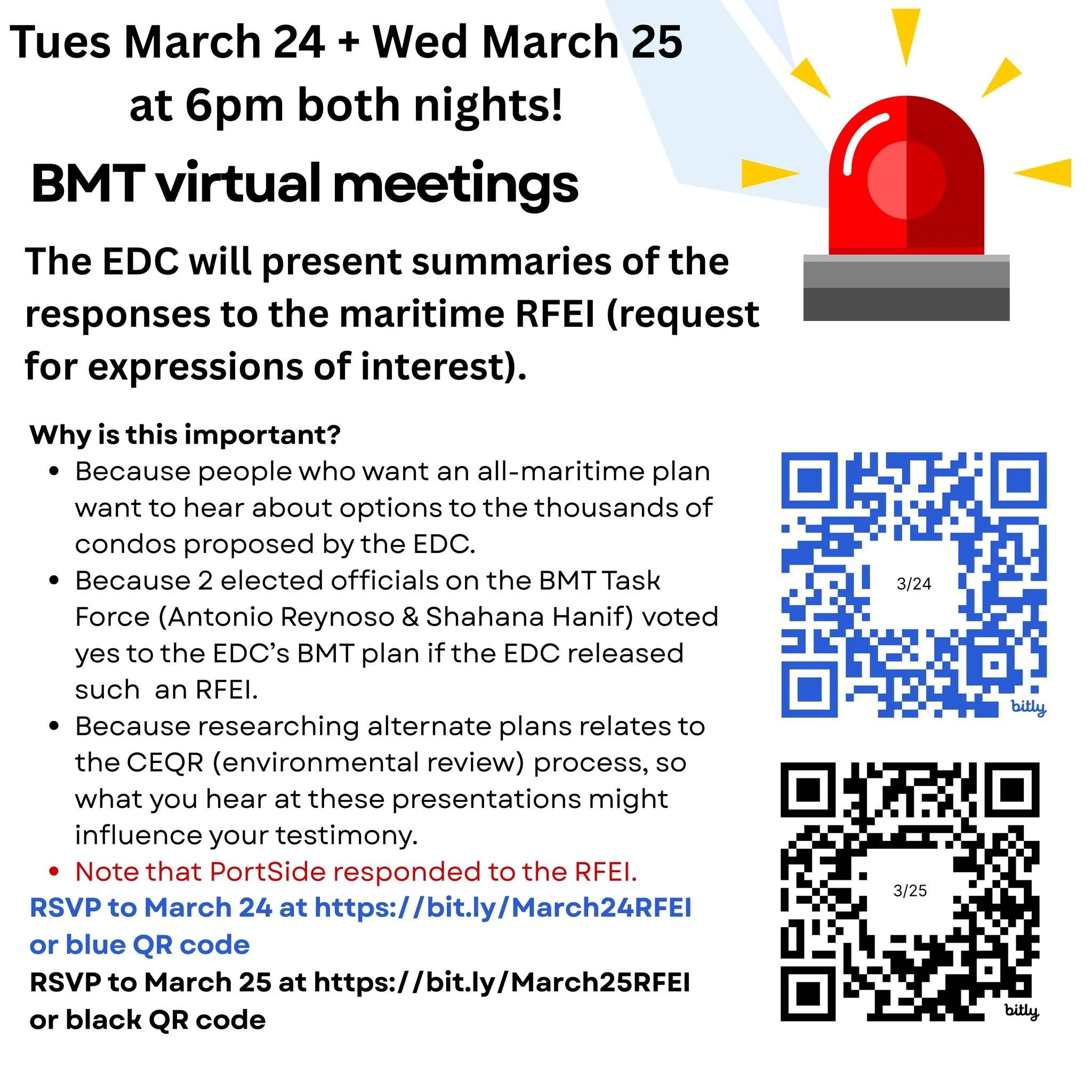 Tues March 24 + Wed 25 at 6pm both nights!  Brooklyn Marine Terminal (BMT) virtual meetings. The EDC will present summaries of the responses to the maritime RFEI (request for expressions of interest).

RSVP to March 24 at https://bit.ly/March24RFEI o
