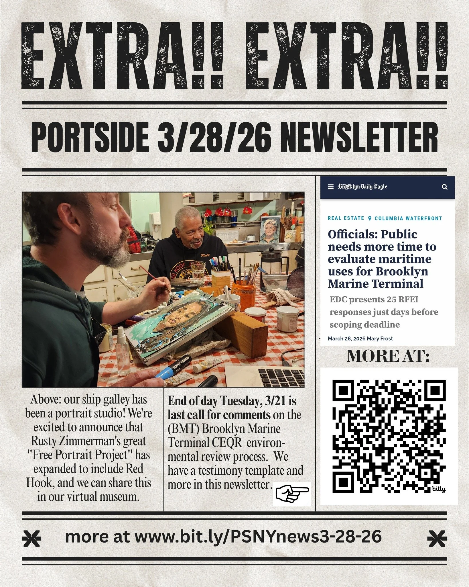Today's PortSide newsletter! Get our template to submit testimony about the Brooklyn Marine Terminal (BMT) CEQR process (deadline is end of day Tuesday 3/31!). Has downloadable flyer and other info! See 🔗 in bio, QR code or www.bit.ly/PSNYnews3-28-2