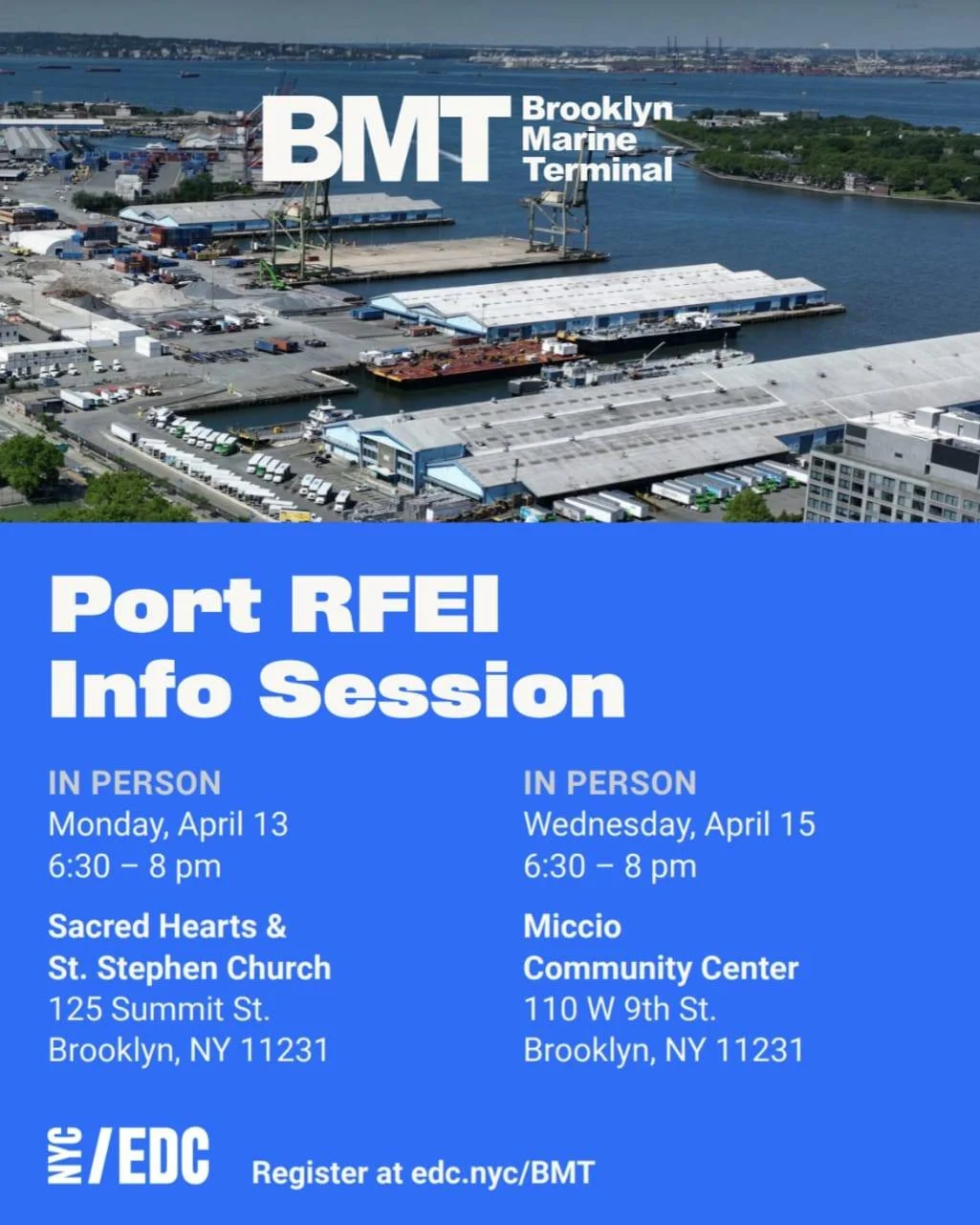 Want to know more about the BMT maritime RFEI? (meaning maritime uses for here/the Brooklyn Marine Terminal proposed by businesses and us/PortSide) There are TWO IN-PERSON meetings next week!  Prep by reading our blogpost to learn terminology and con