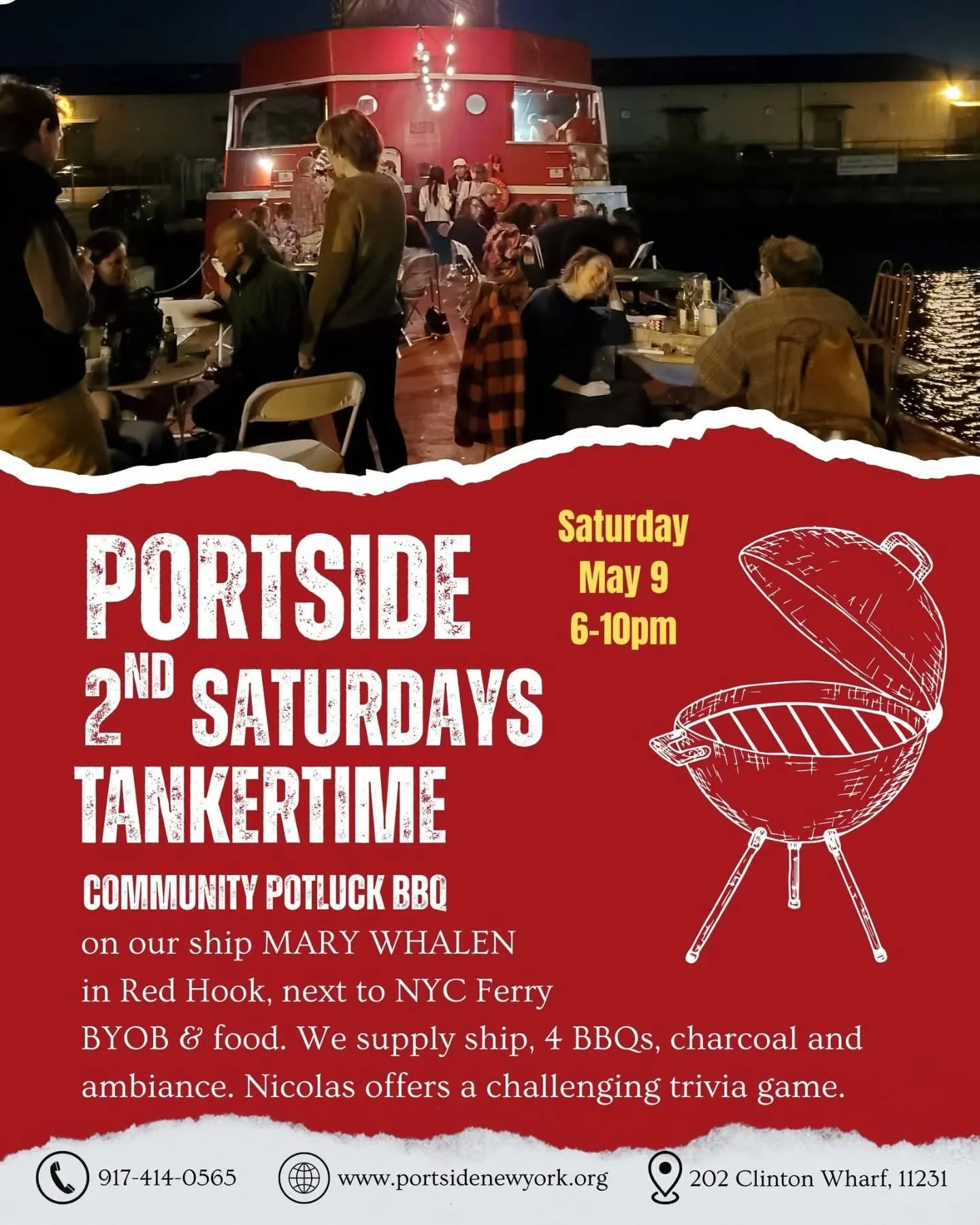 ❤️ Saturday, come to our season opener of #SecondSaturdays #TankerTime community potluck BBQ. 

⏰️ Starting an hour earlier this time of year at 6pm. 

🍖Bring prepared food or BBQ it here.

😖 Wicked hard trivia game by Nicolas Anderson who you migh