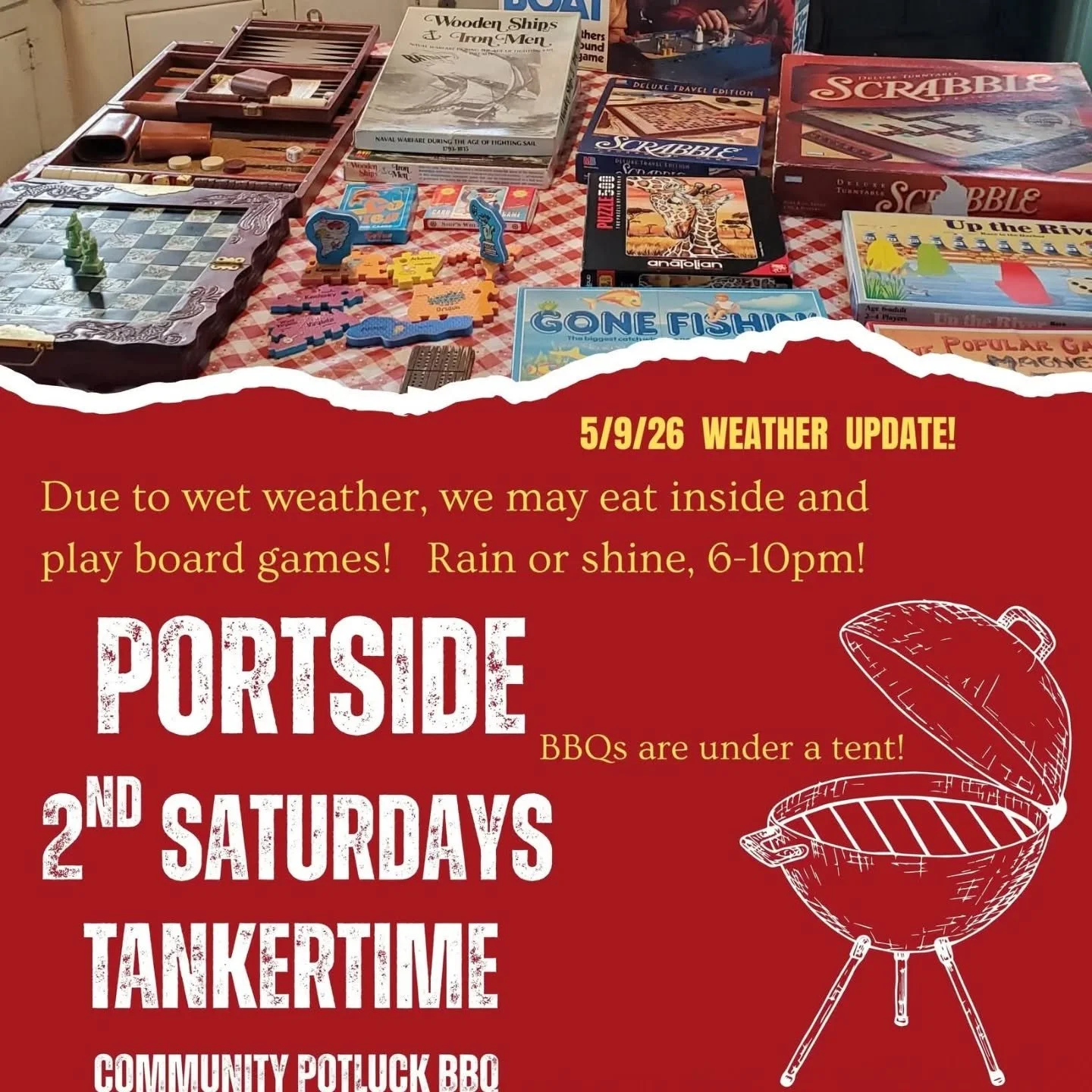 UPDATE! the sun is out! Potluck BBQ is  happening tonight! Season opener of #SecondSaturdays #TankerTime community potluck, 6-10pm. If it's raining, we eat inside and play board games. The BBQs are under tents... 

Come on over to the #MaryWhalen! 

