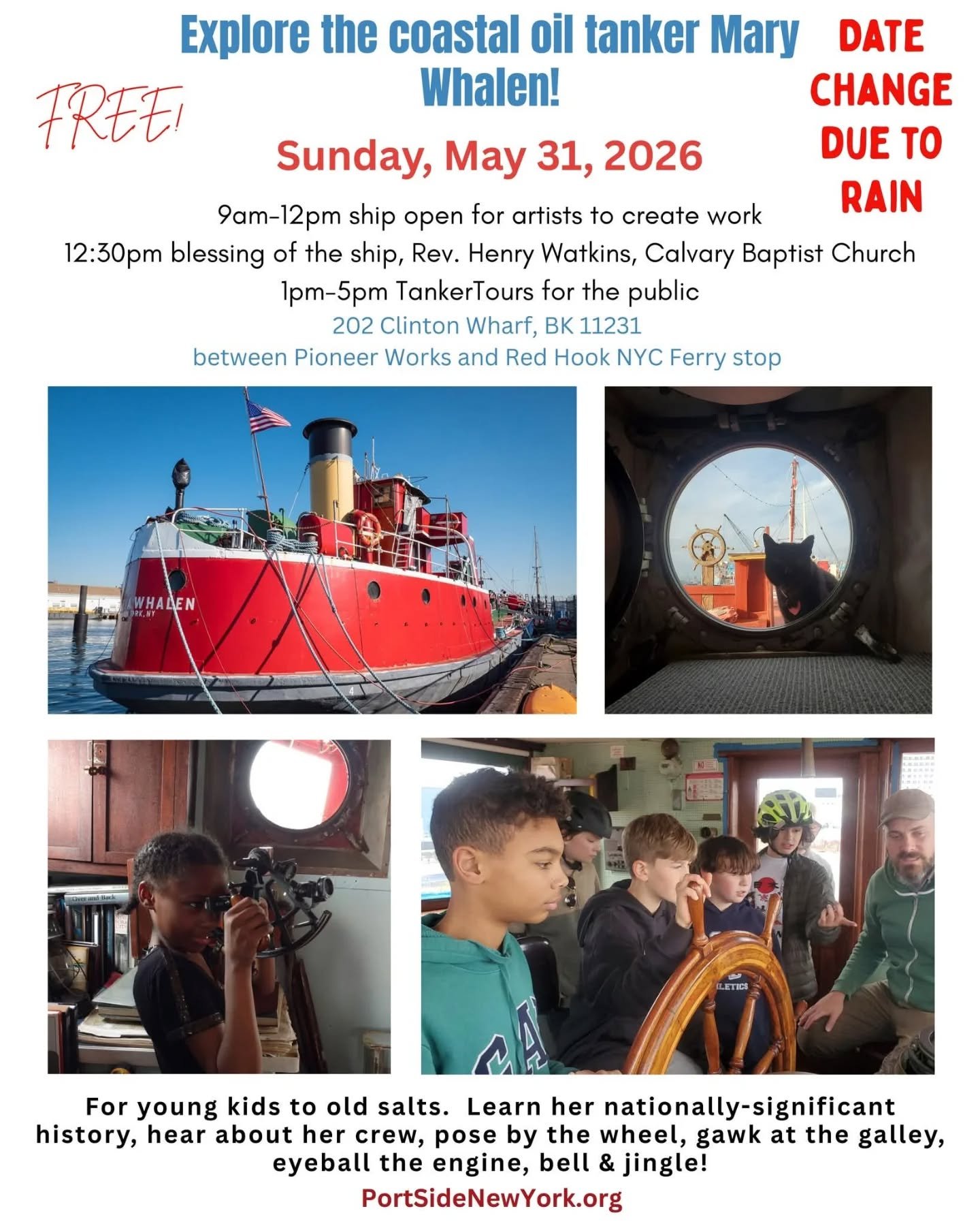 TankerTours date change due to rain! Mary Whalen ship tours will NOT be tomorrow Saturday, 5/23. They will be Sunday, 5/31!  FREE!

In #RedHook #Brooklyn next to NYC Ferry. 

#historicship #MaryWhalen #lastofherkind maritimehistory NYC Free