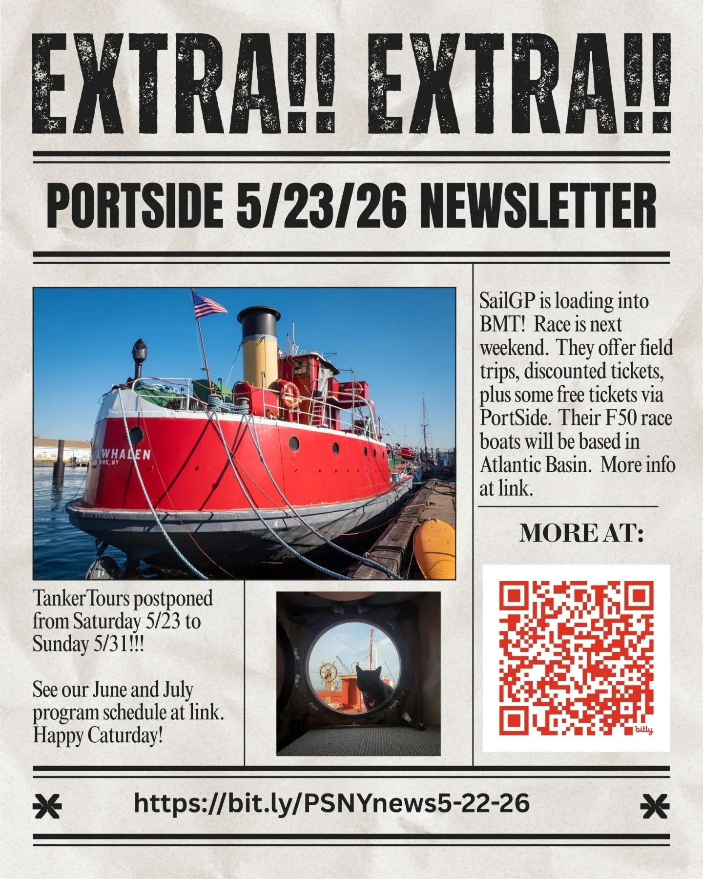 🌧 News! TankerTours postponed from today to Sunday 5/31!!! 

⛵️ @SailGP will be based at BMT! For info on the field trips and community discounted tickets they are offering, along with some free tickets via us/PortSide see our newsletter at link in 