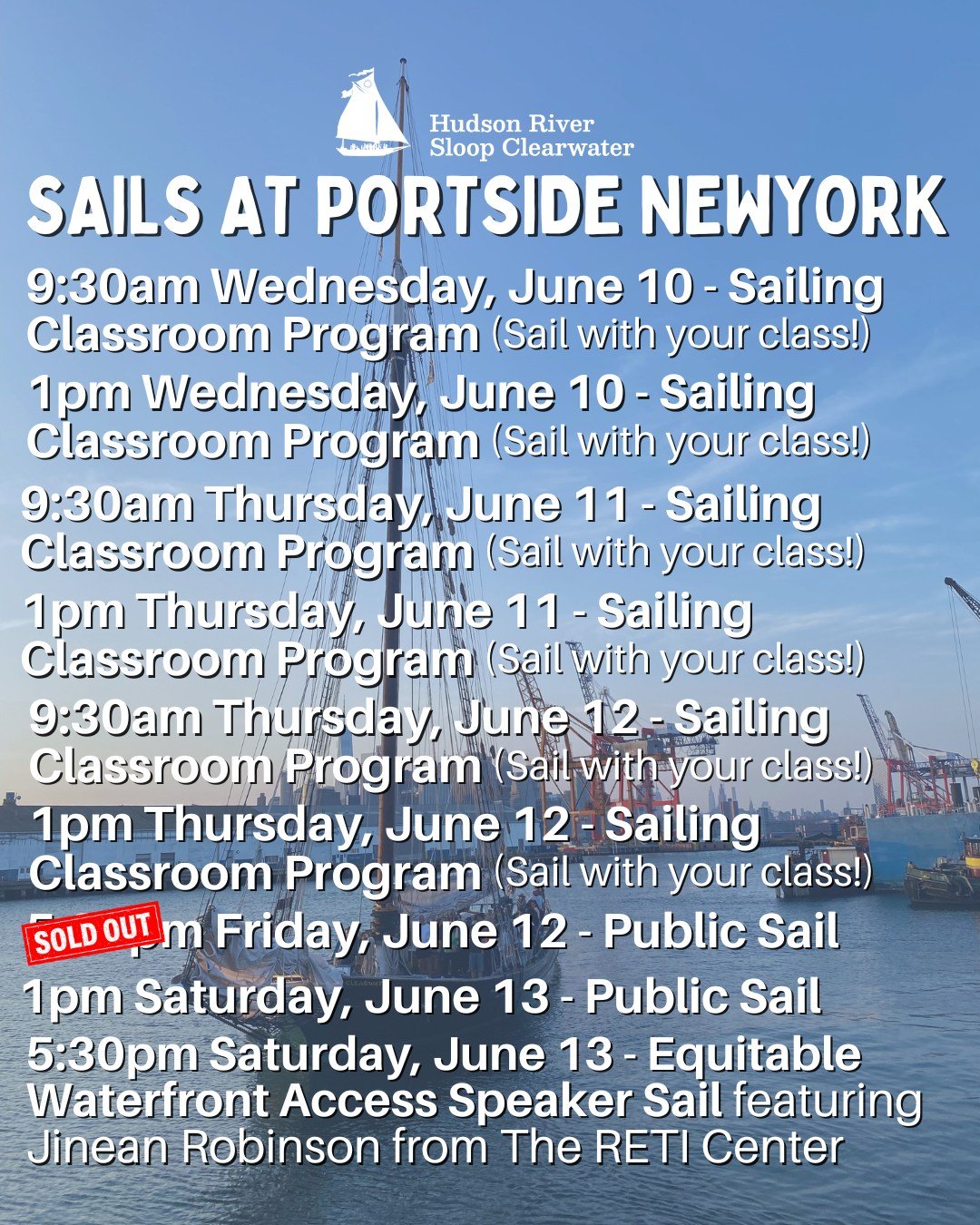 Our besties @sloopclearwater will be back! Arriving Monday night June 8 and leaving Sunday June 14. 

Schools: some education (school field trip) sails still available.

Families: come to Pint-Size Pirates, Tuesday, 6/9, 3-3:45pm to see the ship, mee