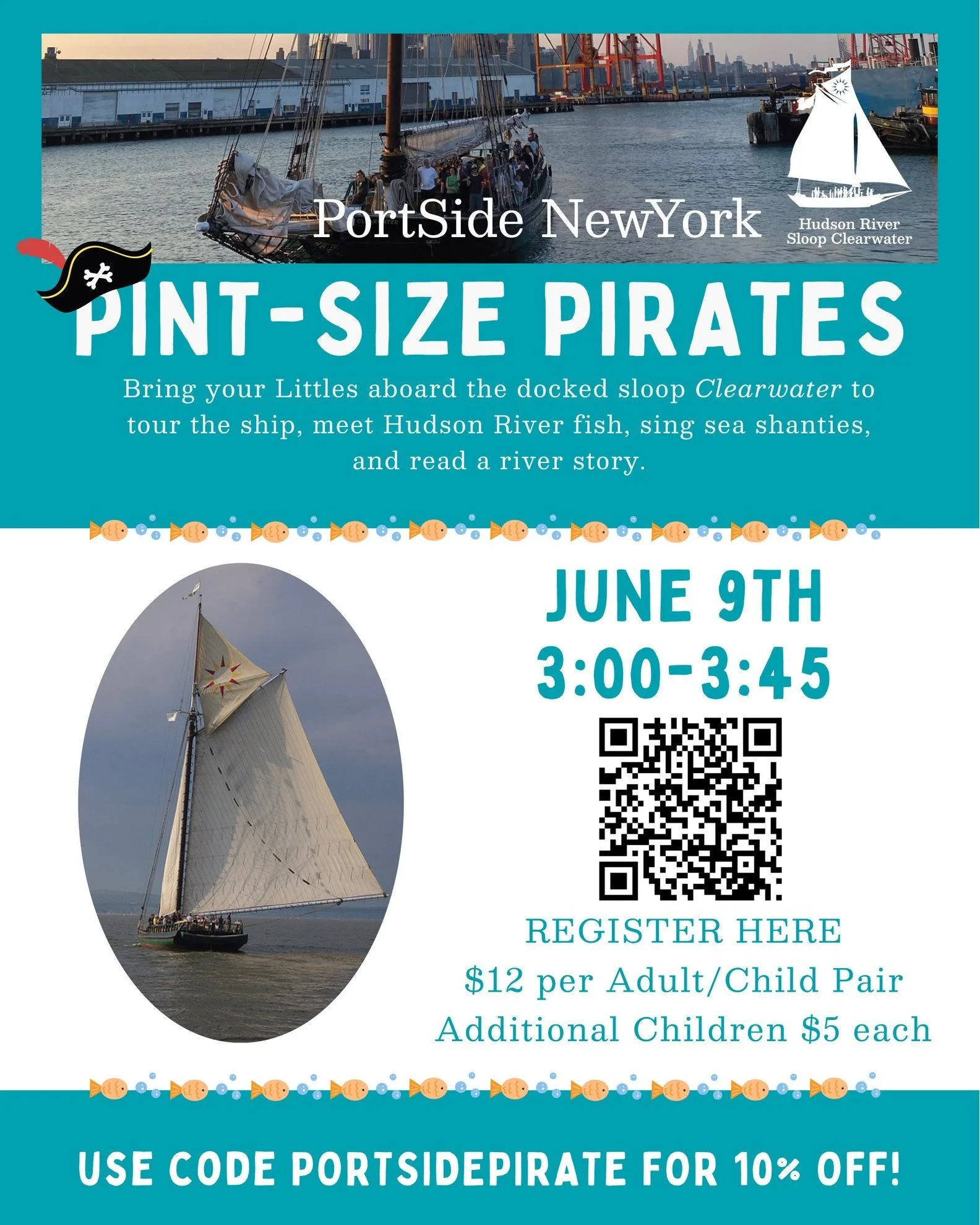 Ahoy, kiddos! Our besties Hudson River Sloop Clearwater are offering "Pint-size Pirate" program, Tuesday, June 9, 3-3:45pm

On the Clearwater, next to our ship #MaryWhalen!

Tour the sloop, meet Hudson River fish, sing sea shanties, read a 