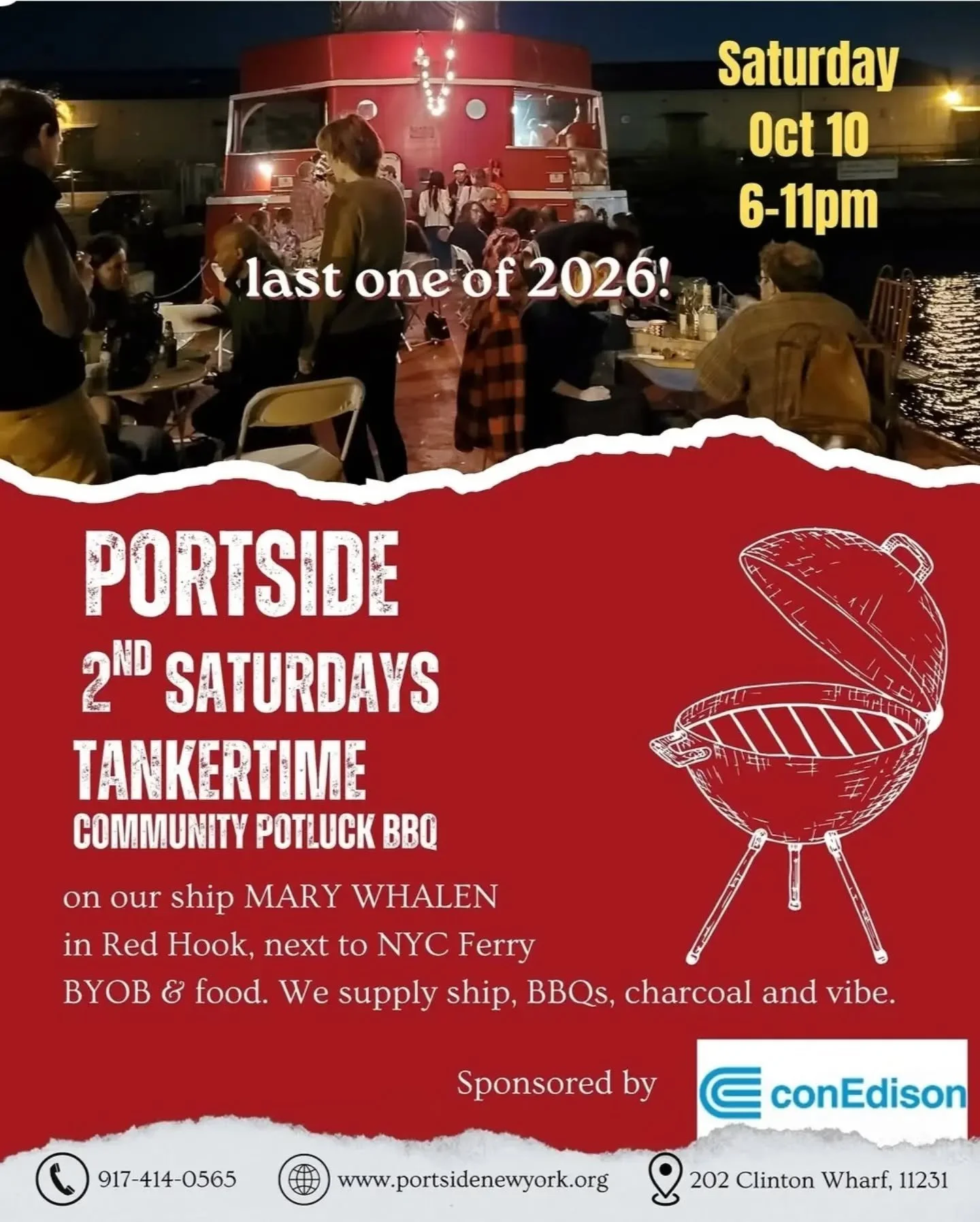 🔥Come join last 2026 SecondSaturdays TankerTime potluck BBQ!  Tonight!

⚓️ on the tanker #MaryWhalen

🐈&zwj;⬛️ docked next to #RedHook NYC Ferry stop

🚗 202 Clinton Wharf, BK 11231

🚲Bike, pedestrian entrance at Pioneer and Conover Street