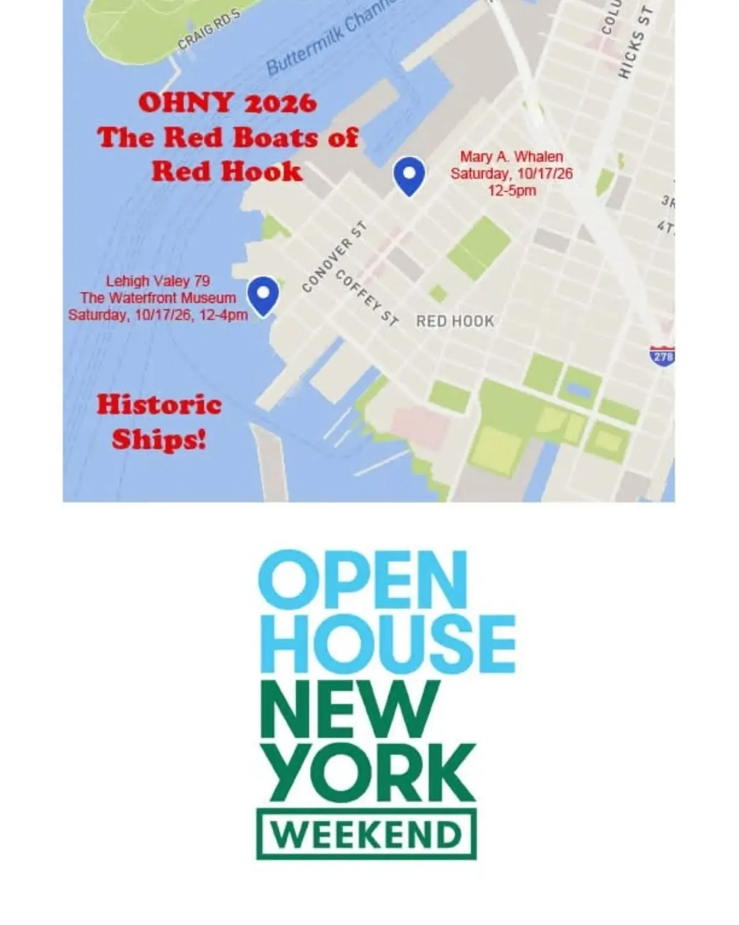❤ The Red Boats of Red Hook!  Tomorrow, Saturday, 10/17/26 is 
THE only Open House New York day with #RedHook sites. 

😮 TWO historic ships are open for tours on a drop-in basis. 
⚓ The ONLY historic ships run by nonprofits in Brooklyn! 
🚶&zwj;♀️ J