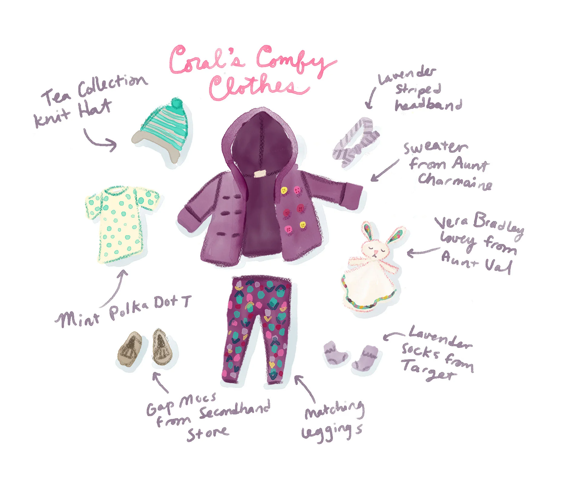 The headband and the polka-dot shirt are my creations! Sweater and leggings are First Impressions Play from Macy's.