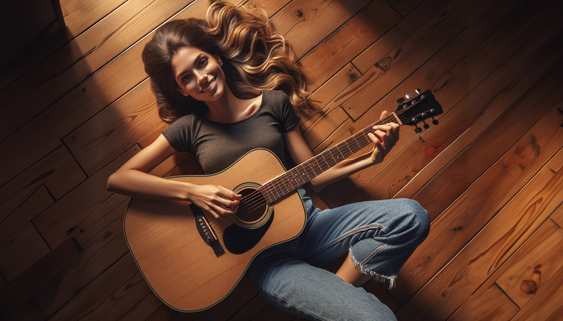 DALL·E 2024-03-22 13.36.17 - Aerial view of a woman lying on a hardwood floor with an acoustic guitar. She is smiling and strumming the guitar, captured from directly above. The w.png